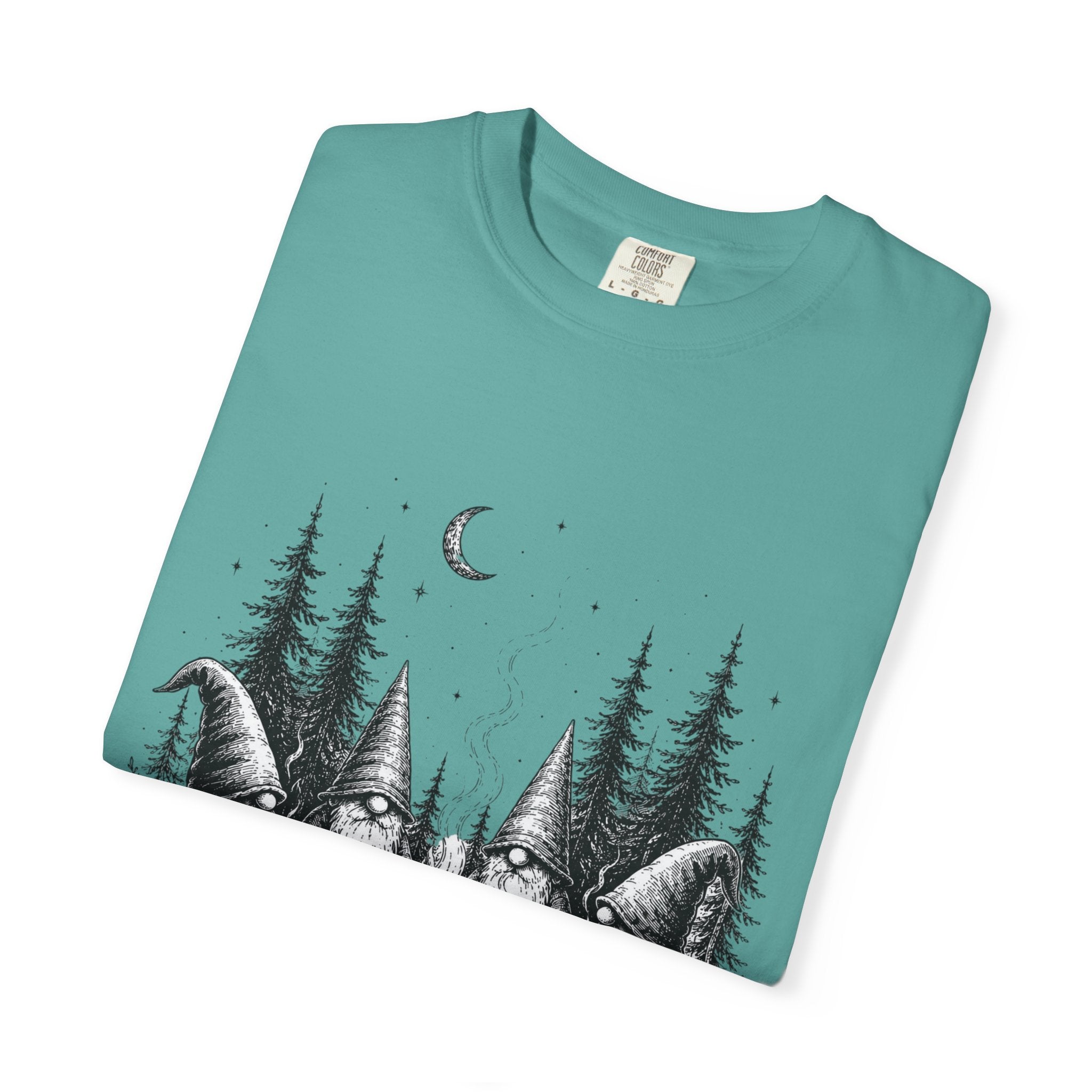 Gnome Campfire T-Shirt — Woodland Gnomes Sitting Around Bonfire Night Tee