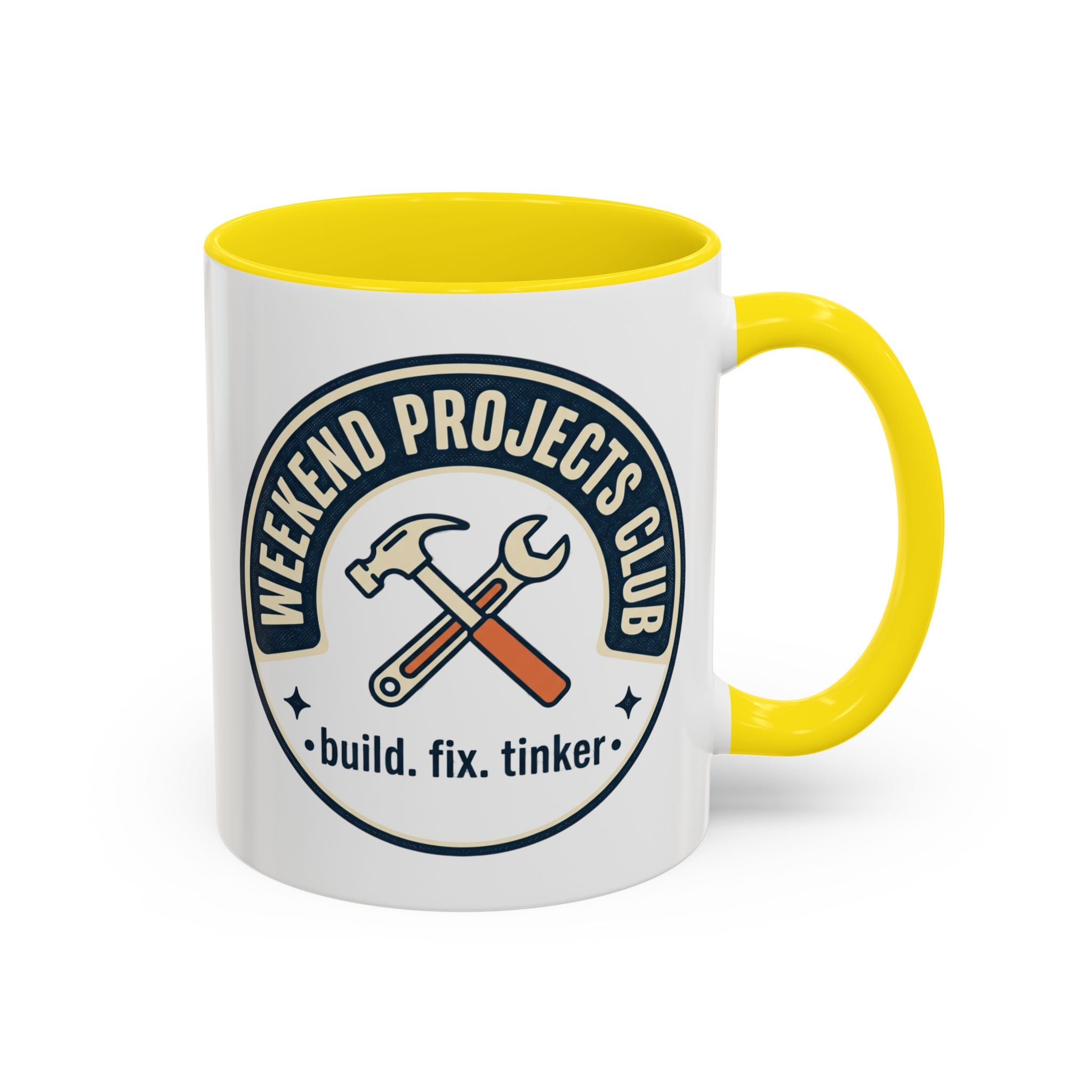 Weekend Projects Club Coffee Mug — "build. fix. tinker." Accent Ceramic Mug (11/15oz)