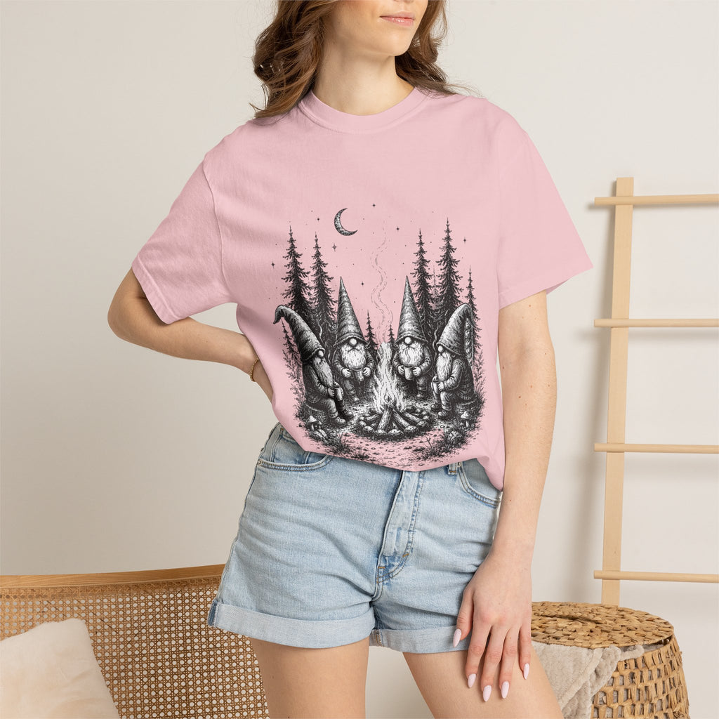 Gnome Campfire T-Shirt — Woodland Gnomes Sitting Around Bonfire Night Tee