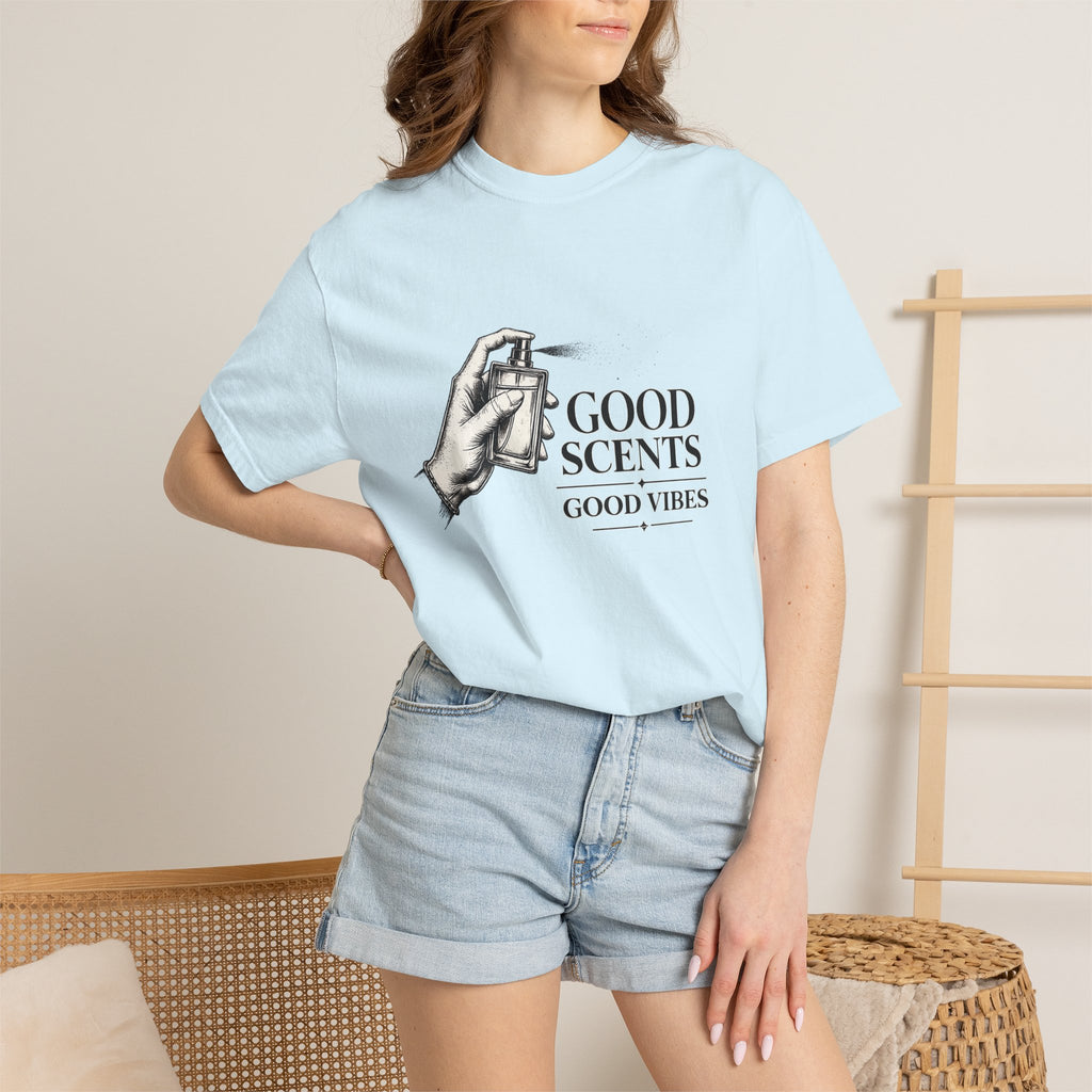 T-Shirt — "Good Scents, Good Vibes" Vintage Perfume Spray Graphic Tee