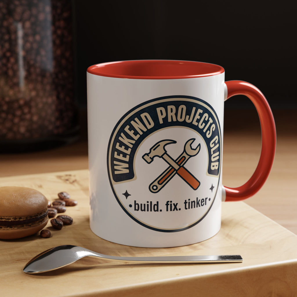 Weekend Projects Club Coffee Mug — "build. fix. tinker." Accent Ceramic Mug (11/15oz)