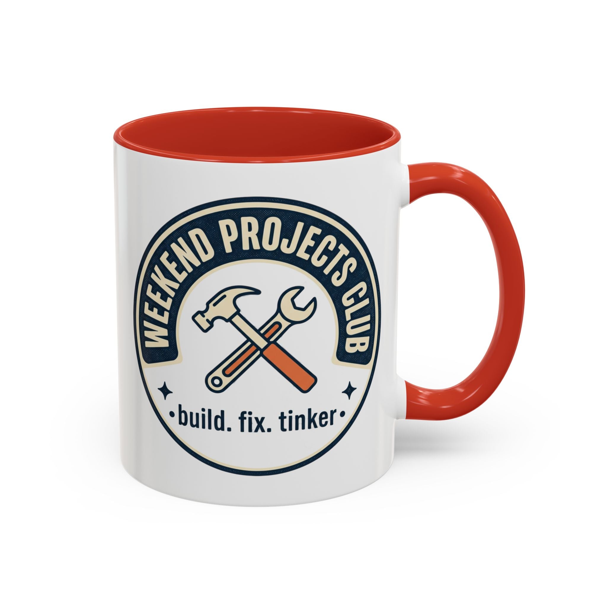 Weekend Projects Club Coffee Mug — "build. fix. tinker." Accent Ceramic Mug (11/15oz)