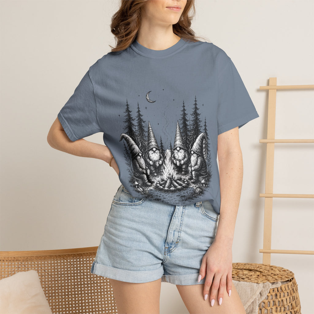 Gnome Campfire T-Shirt — Woodland Gnomes Sitting Around Bonfire Night Tee