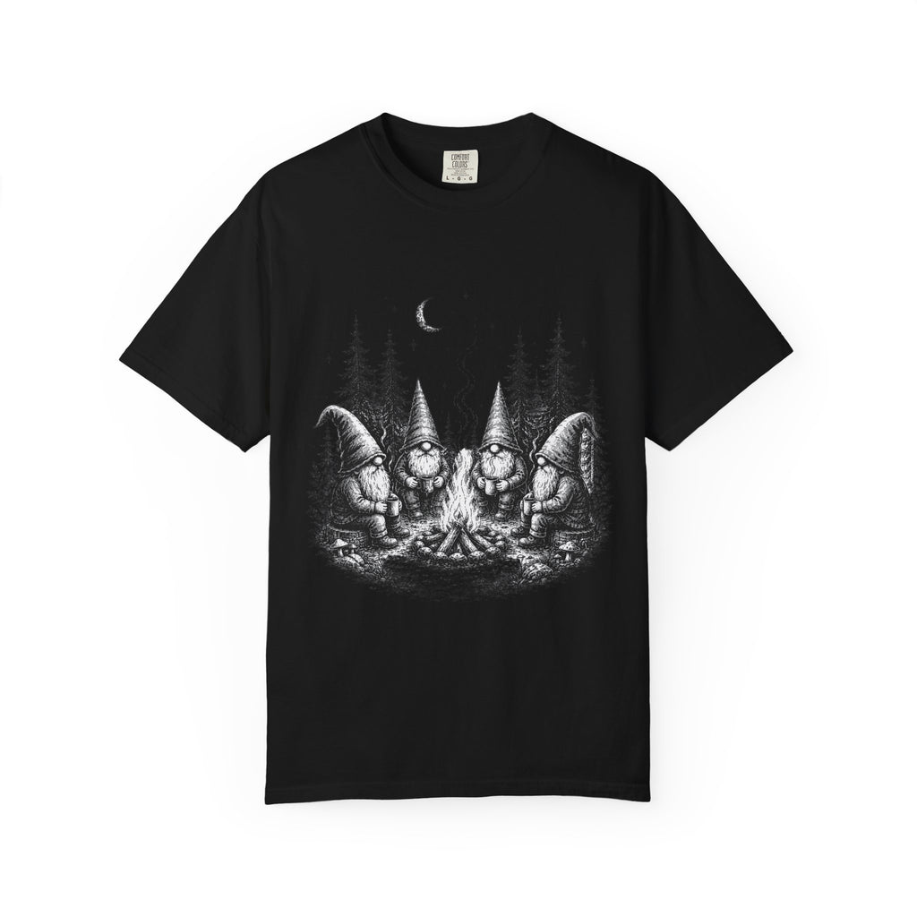 Gnome Campfire T-Shirt — Woodland Gnomes Sitting Around Bonfire Night Tee