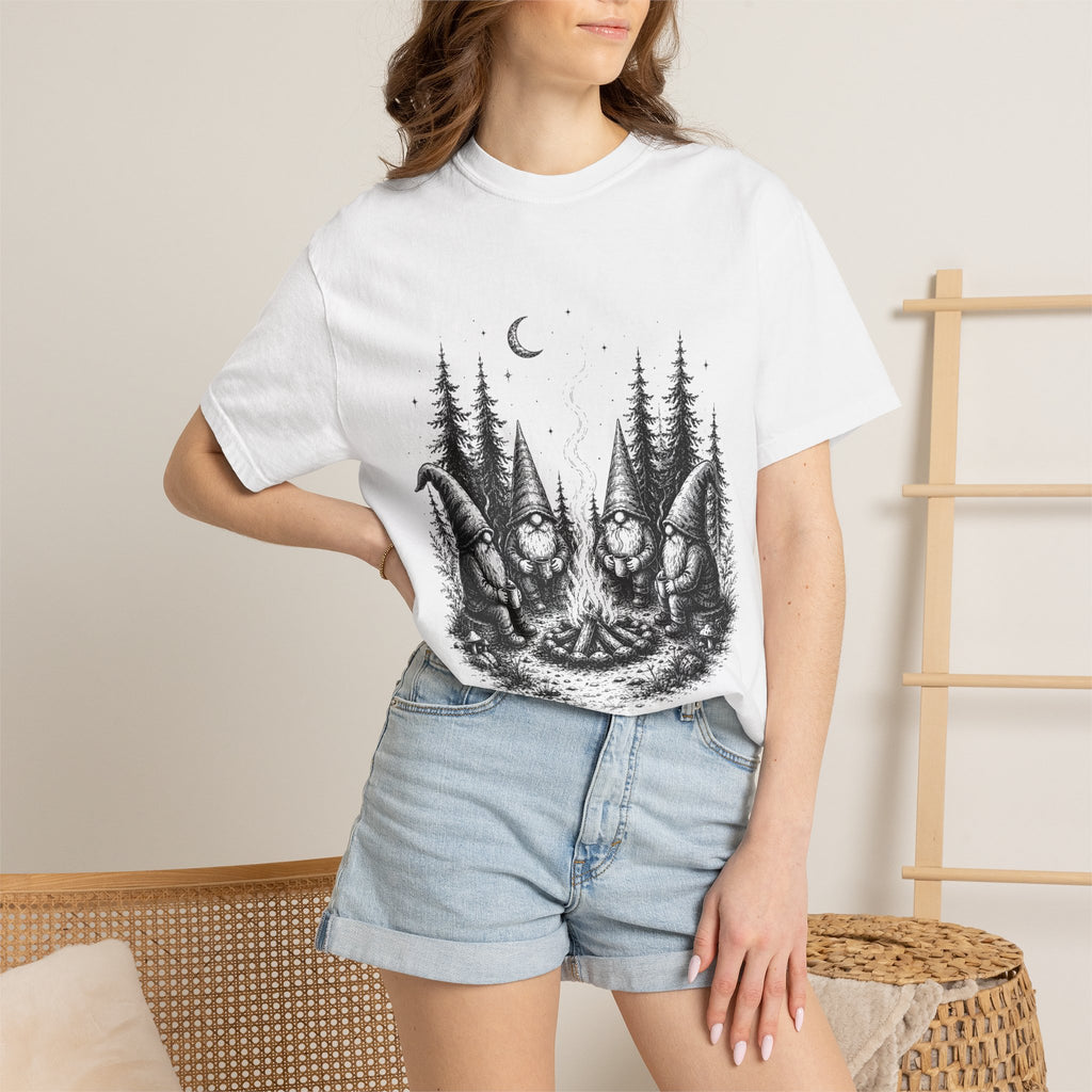 Gnome Campfire T-Shirt — Woodland Gnomes Sitting Around Bonfire Night Tee