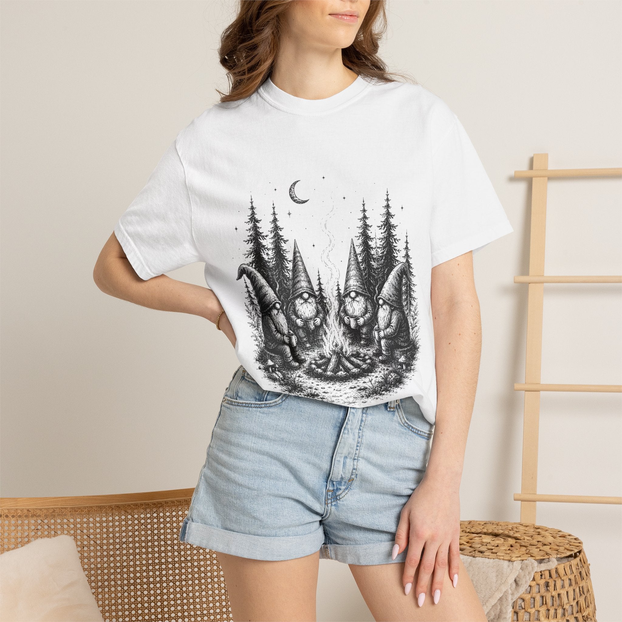 Gnome Campfire T-Shirt — Woodland Gnomes Sitting Around Bonfire Night Tee