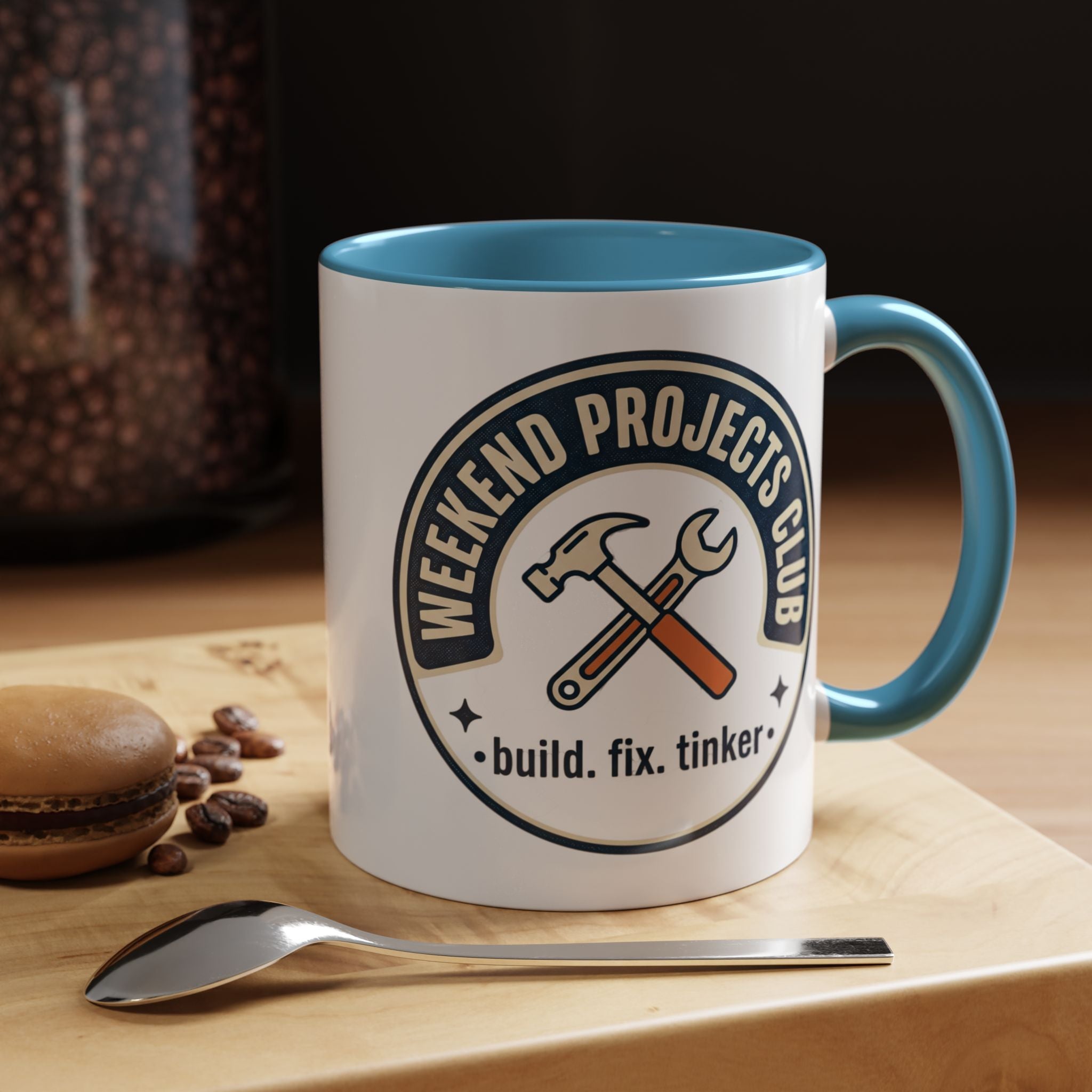 Weekend Projects Club Coffee Mug — "build. fix. tinker." Accent Ceramic Mug (11/15oz)