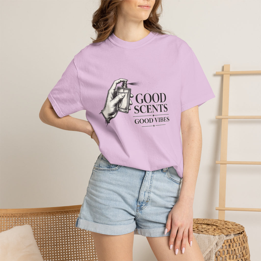 T-Shirt — "Good Scents, Good Vibes" Vintage Perfume Spray Graphic Tee
