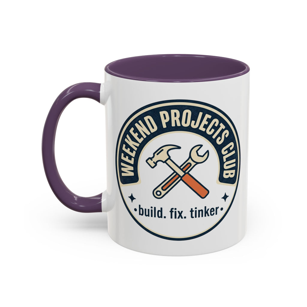 Weekend Projects Club Coffee Mug — "build. fix. tinker." Accent Ceramic Mug (11/15oz)