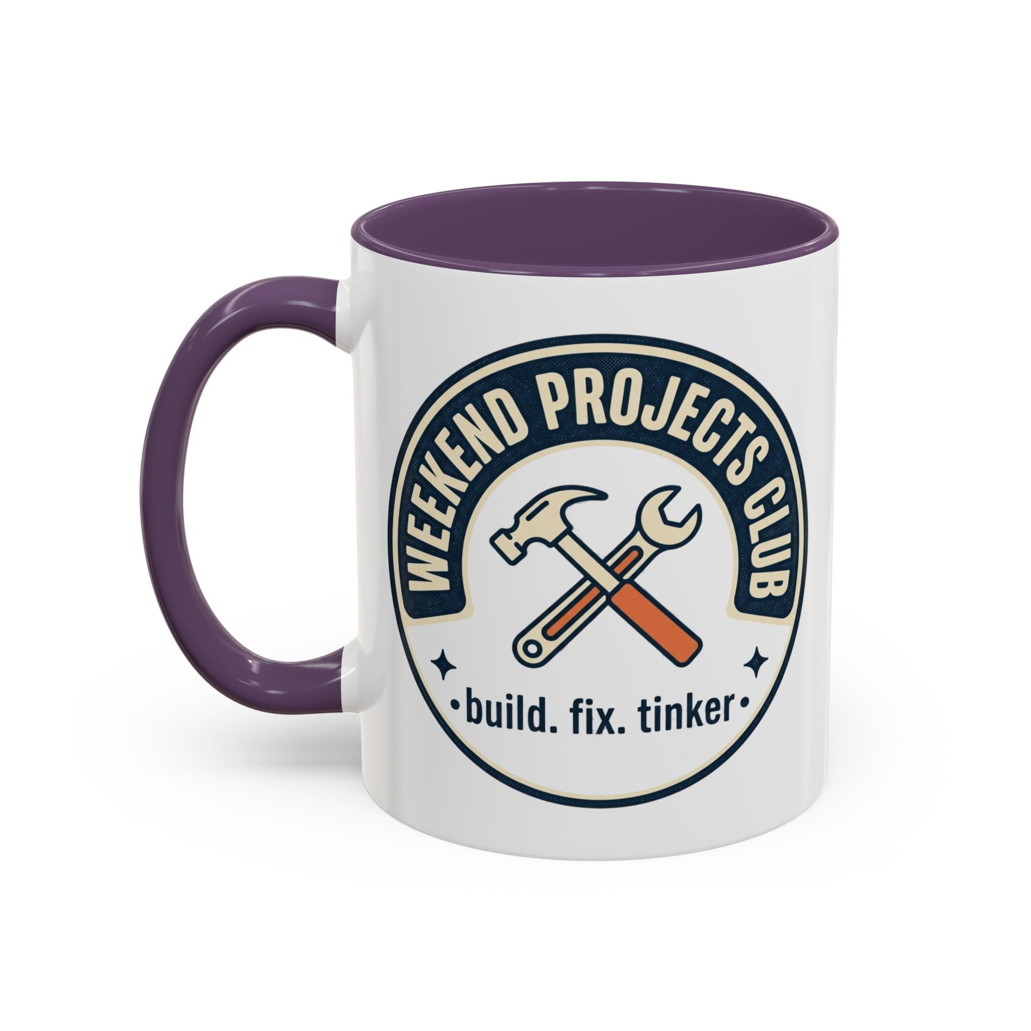 Weekend Projects Club Coffee Mug — "build. fix. tinker." Accent Ceramic Mug (11/15oz)