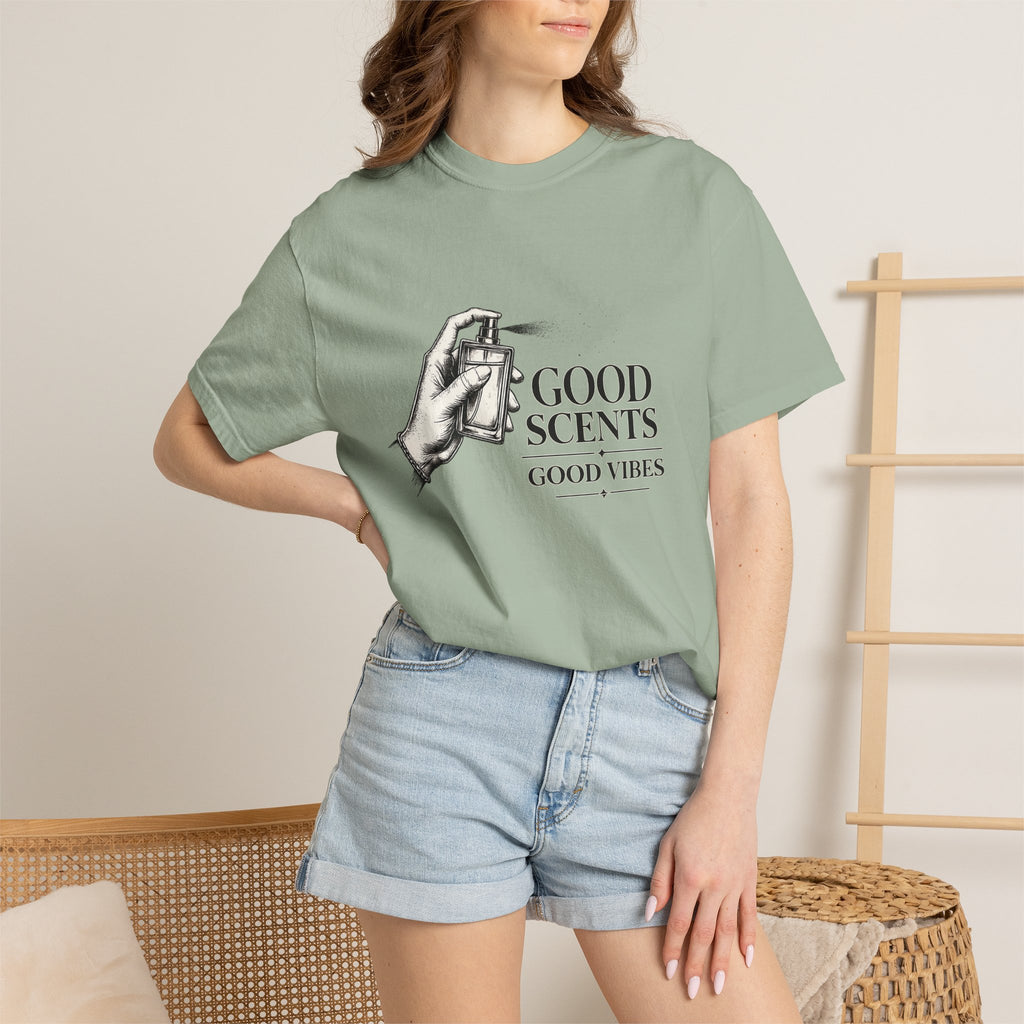 T-Shirt — "Good Scents, Good Vibes" Vintage Perfume Spray Graphic Tee