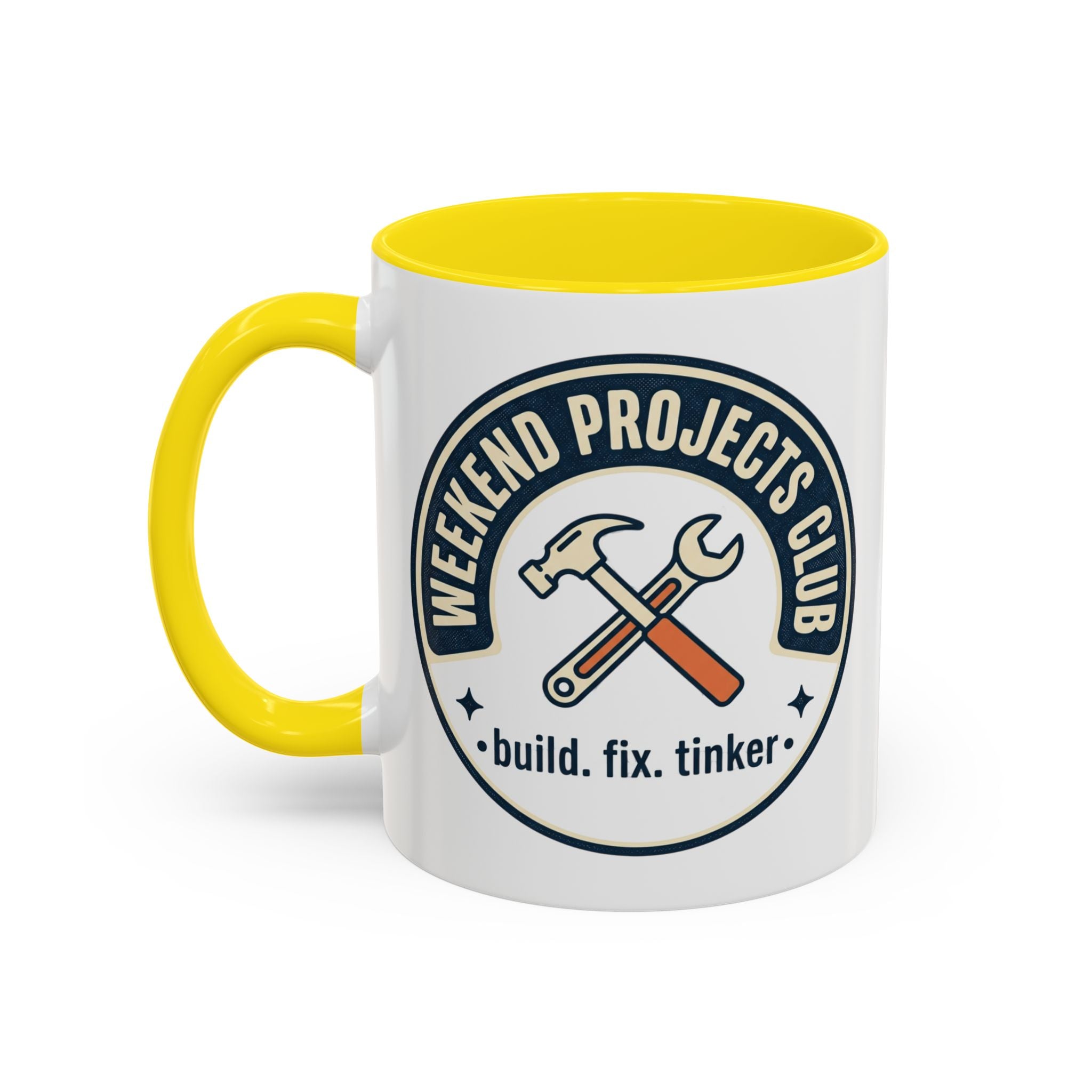 Weekend Projects Club Coffee Mug — "build. fix. tinker." Accent Ceramic Mug (11/15oz)