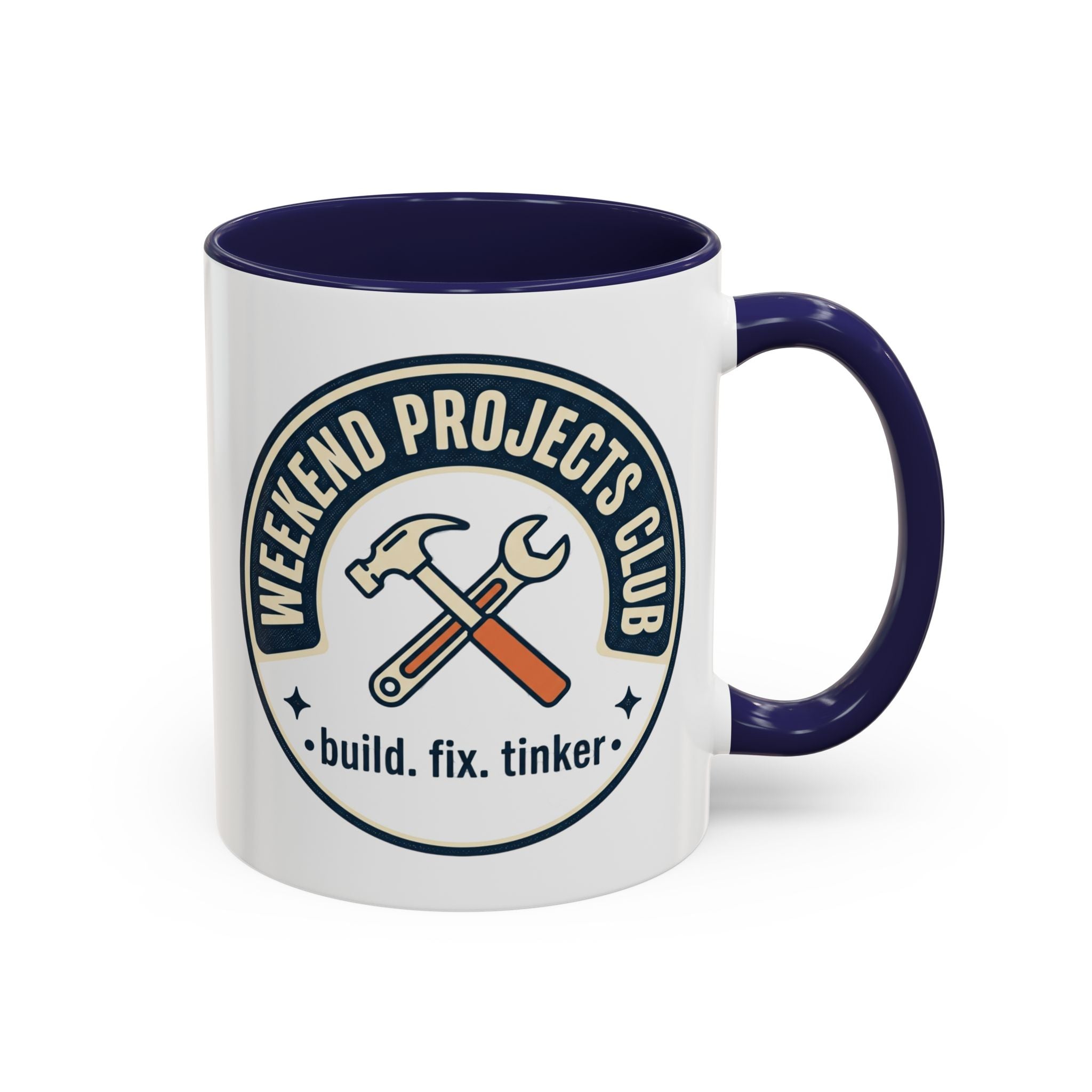 Weekend Projects Club Coffee Mug — "build. fix. tinker." Accent Ceramic Mug (11/15oz)