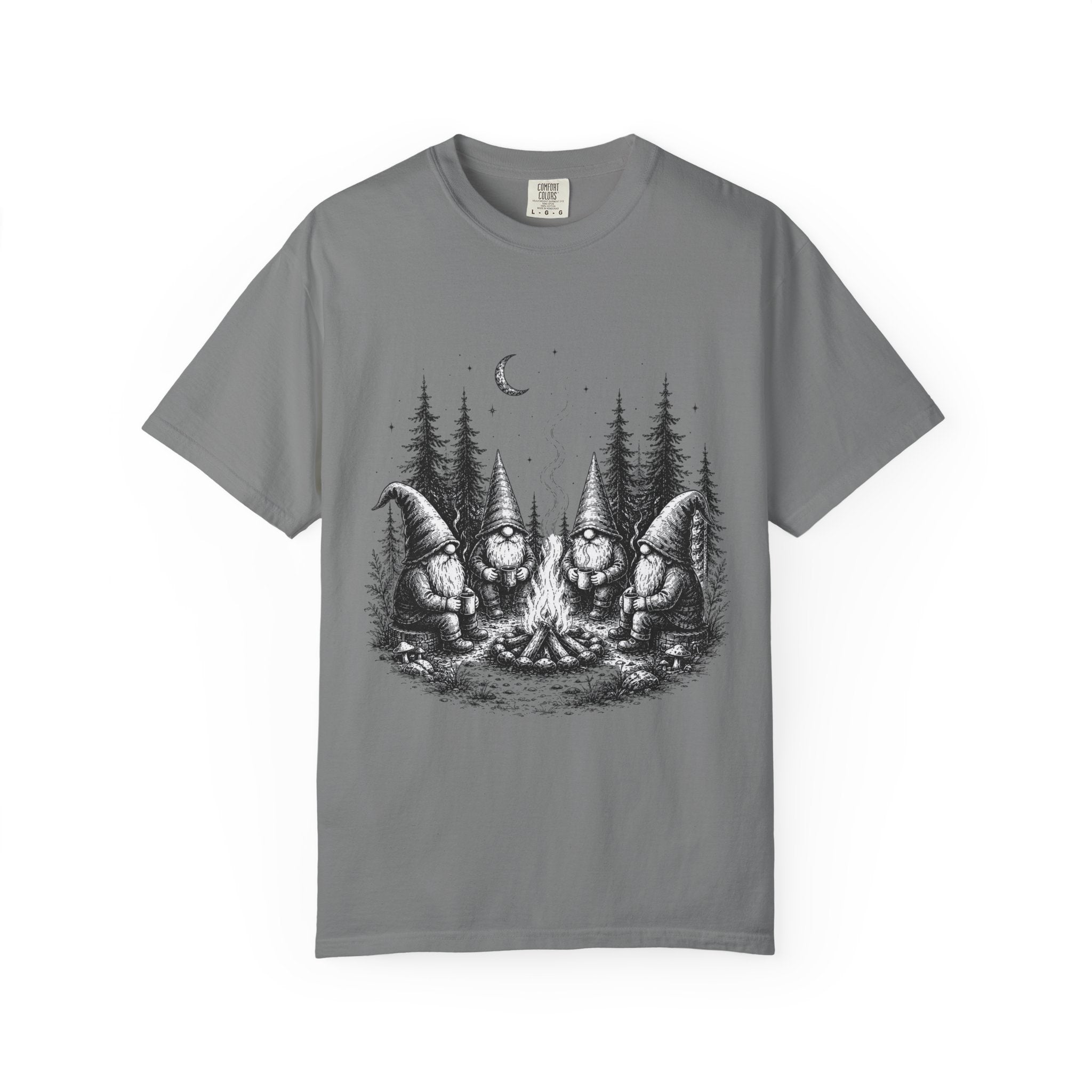 Gnome Campfire T-Shirt — Woodland Gnomes Sitting Around Bonfire Night Tee