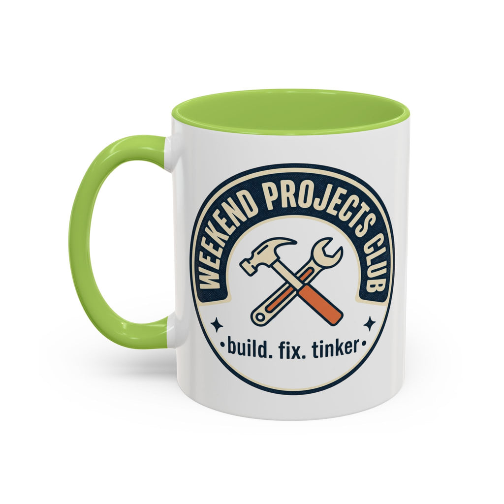 Weekend Projects Club Coffee Mug — "build. fix. tinker." Accent Ceramic Mug (11/15oz)