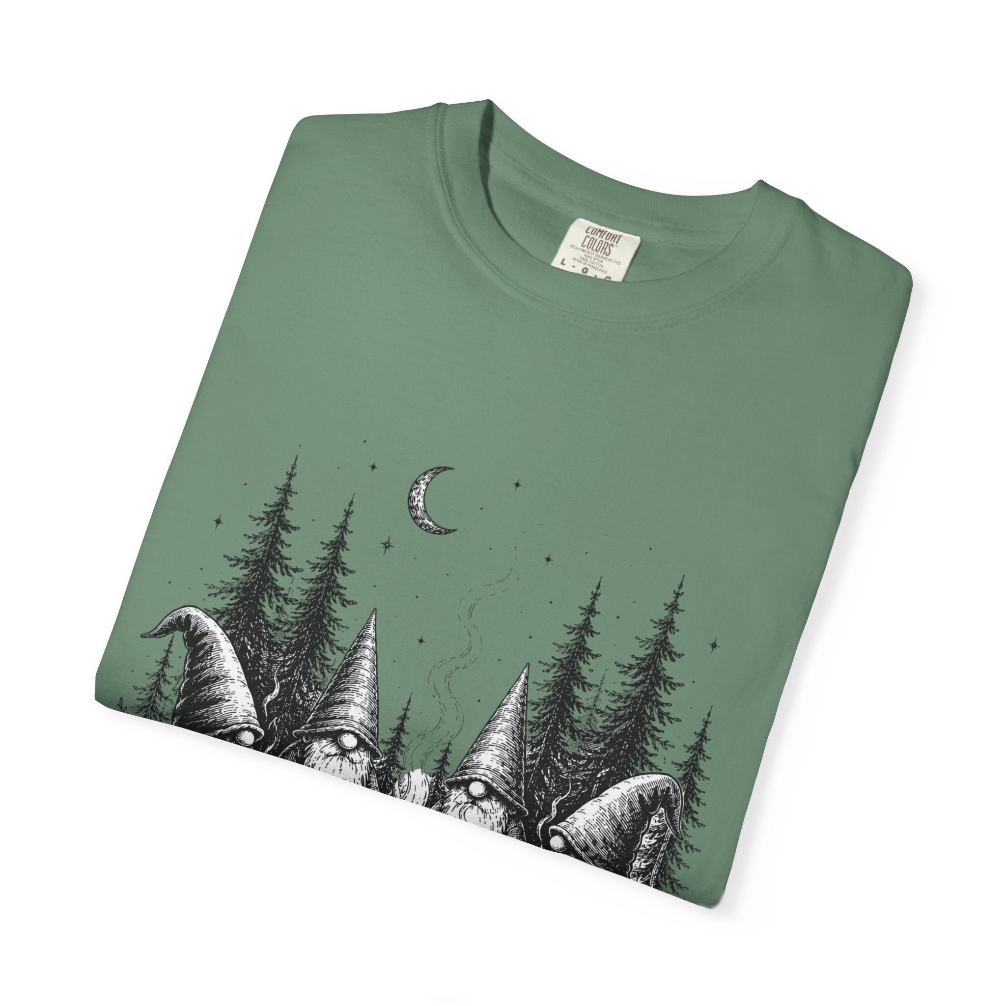 Gnome Campfire T-Shirt — Woodland Gnomes Sitting Around Bonfire Night Tee