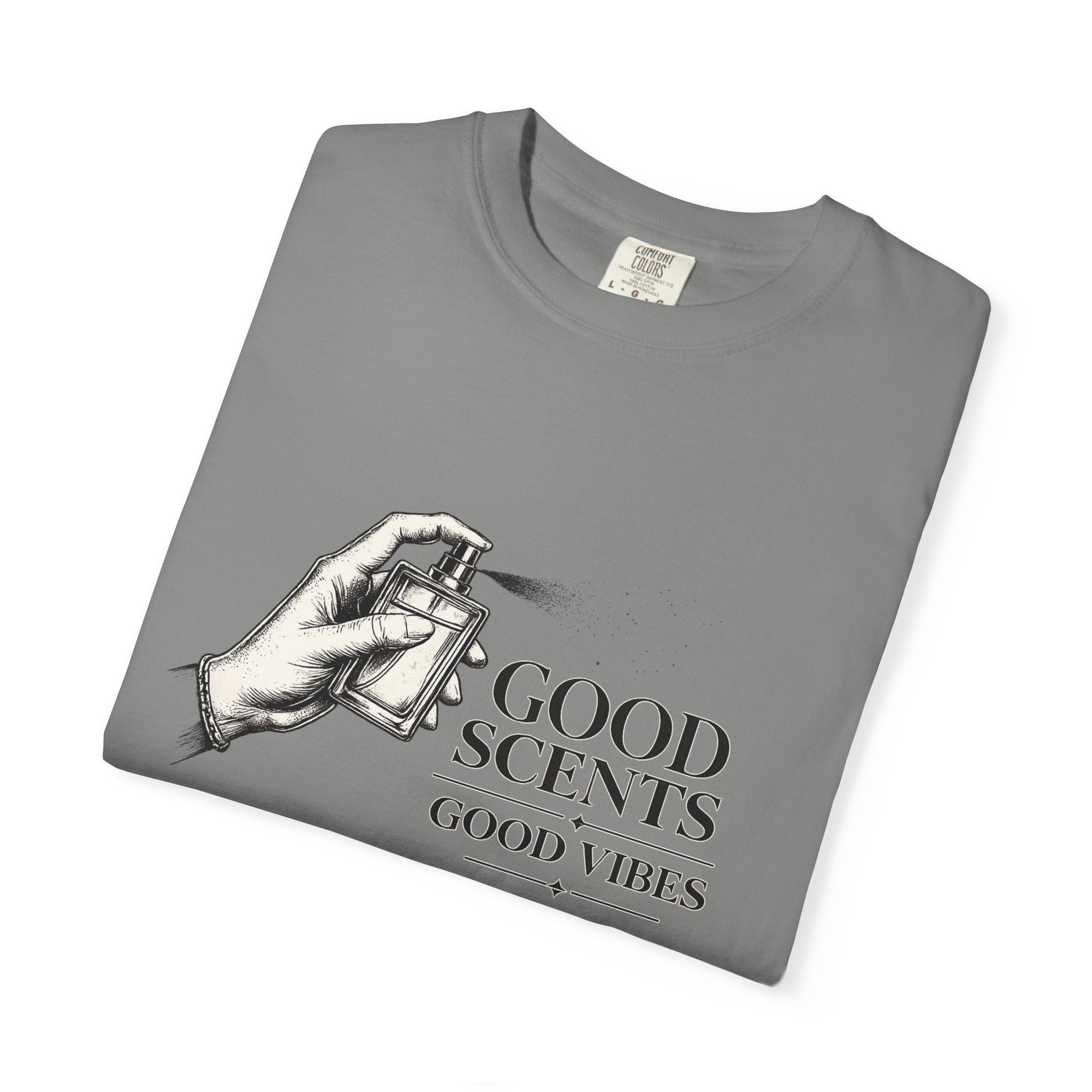 T-Shirt — "Good Scents, Good Vibes" Vintage Perfume Spray Graphic Tee