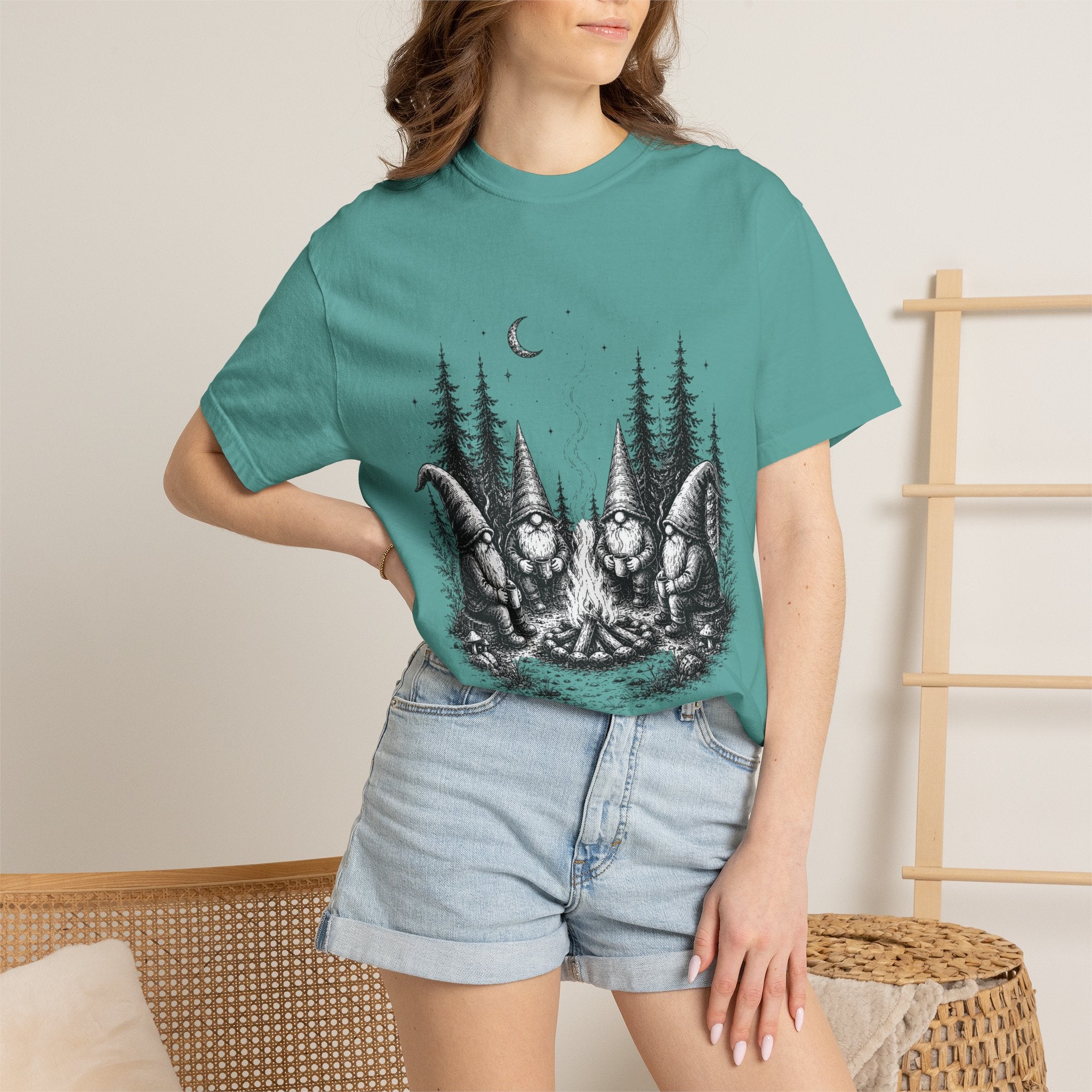 Gnome Campfire T-Shirt — Woodland Gnomes Sitting Around Bonfire Night Tee