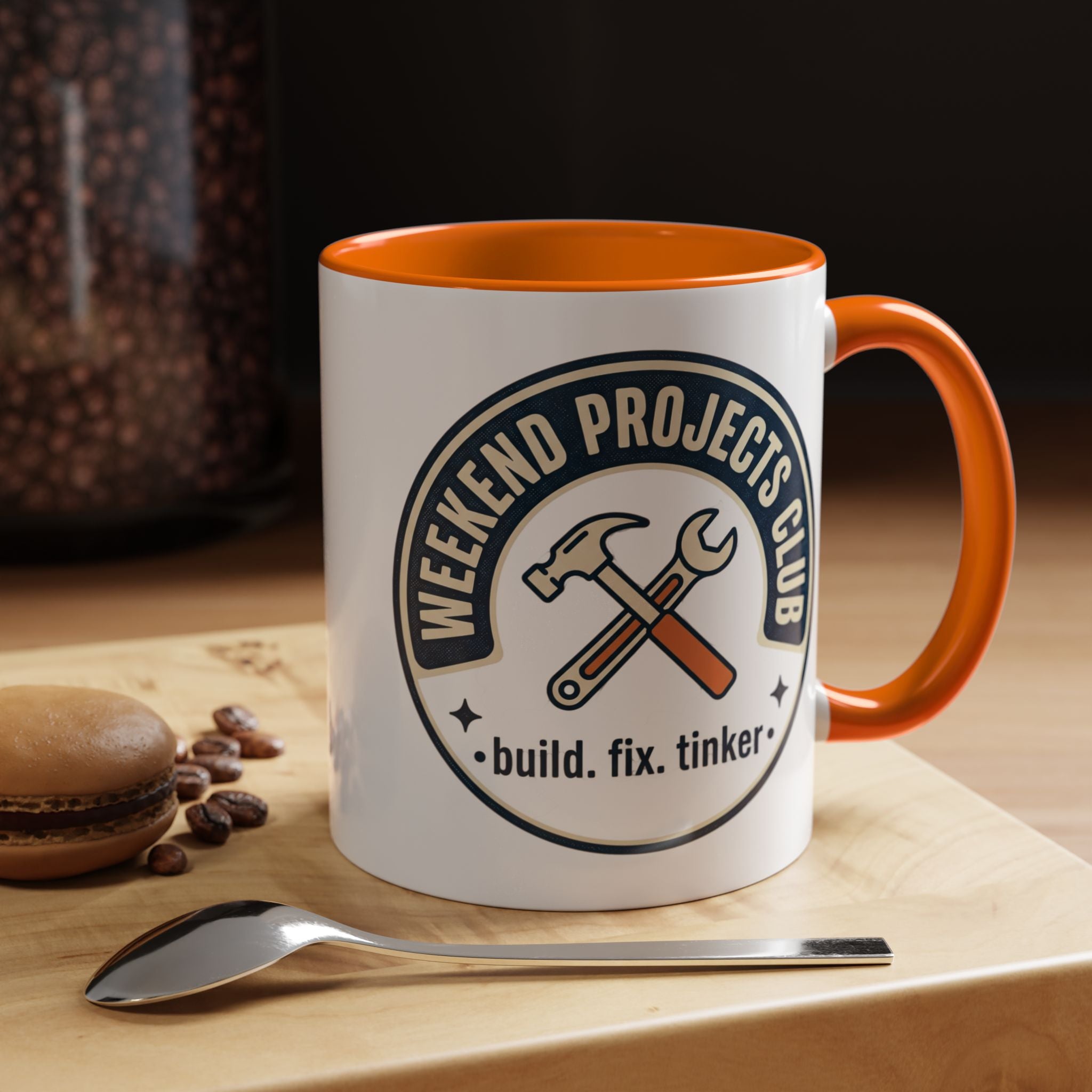 Weekend Projects Club Coffee Mug — "build. fix. tinker." Accent Ceramic Mug (11/15oz)
