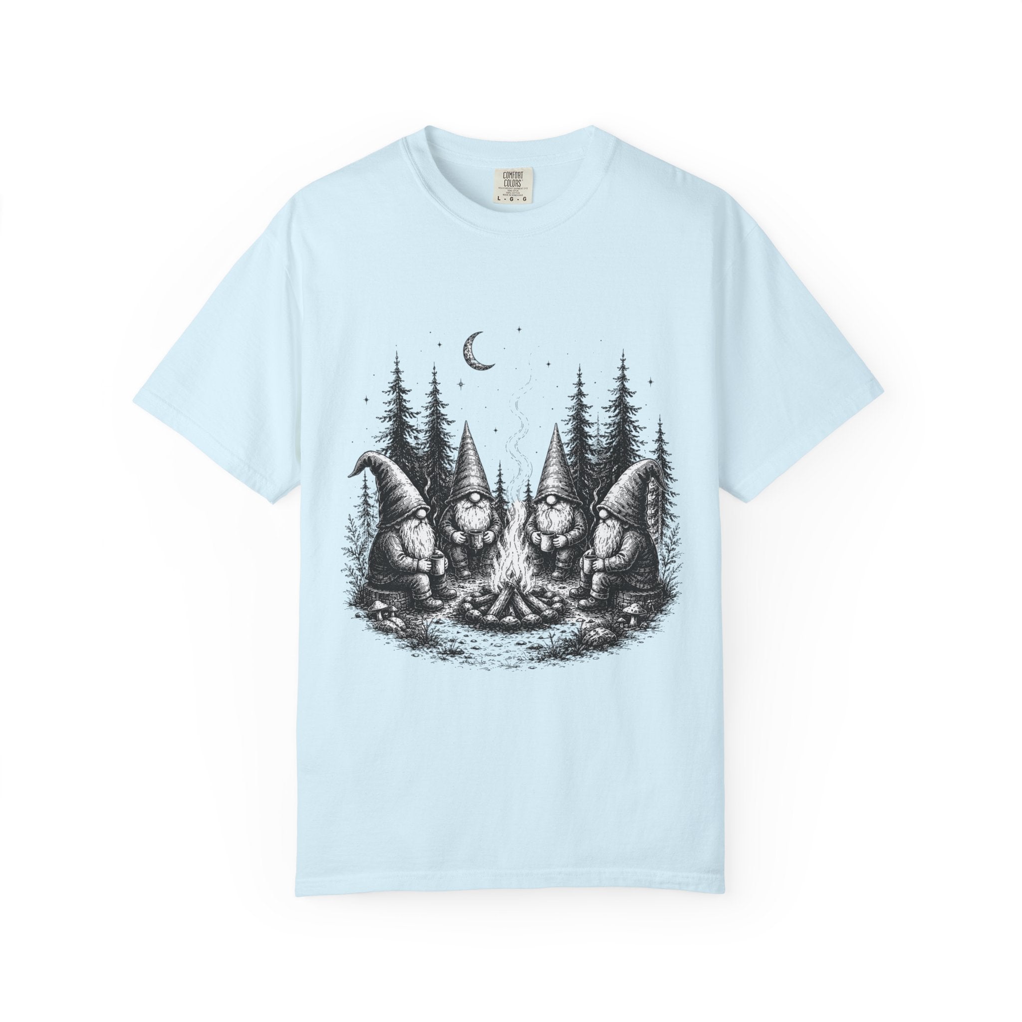 Gnome Campfire T-Shirt — Woodland Gnomes Sitting Around Bonfire Night Tee