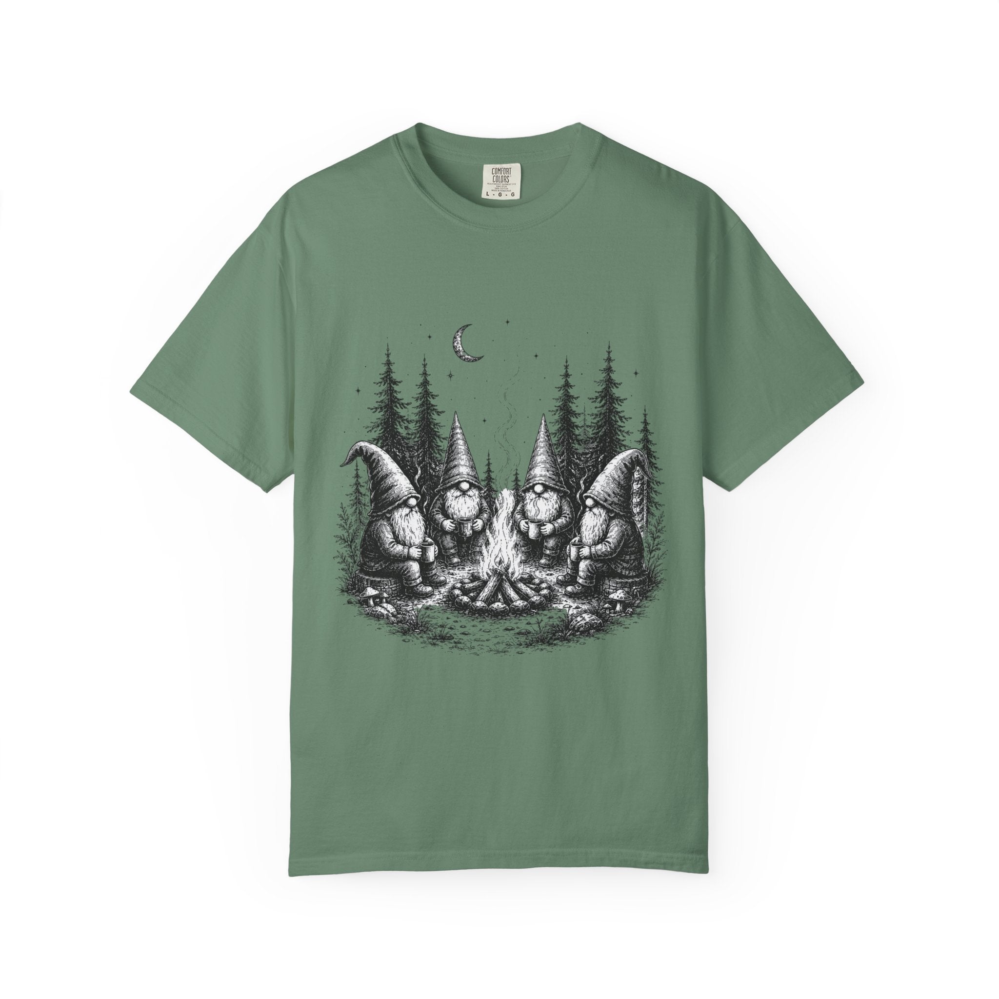 Gnome Campfire T-Shirt — Woodland Gnomes Sitting Around Bonfire Night Tee