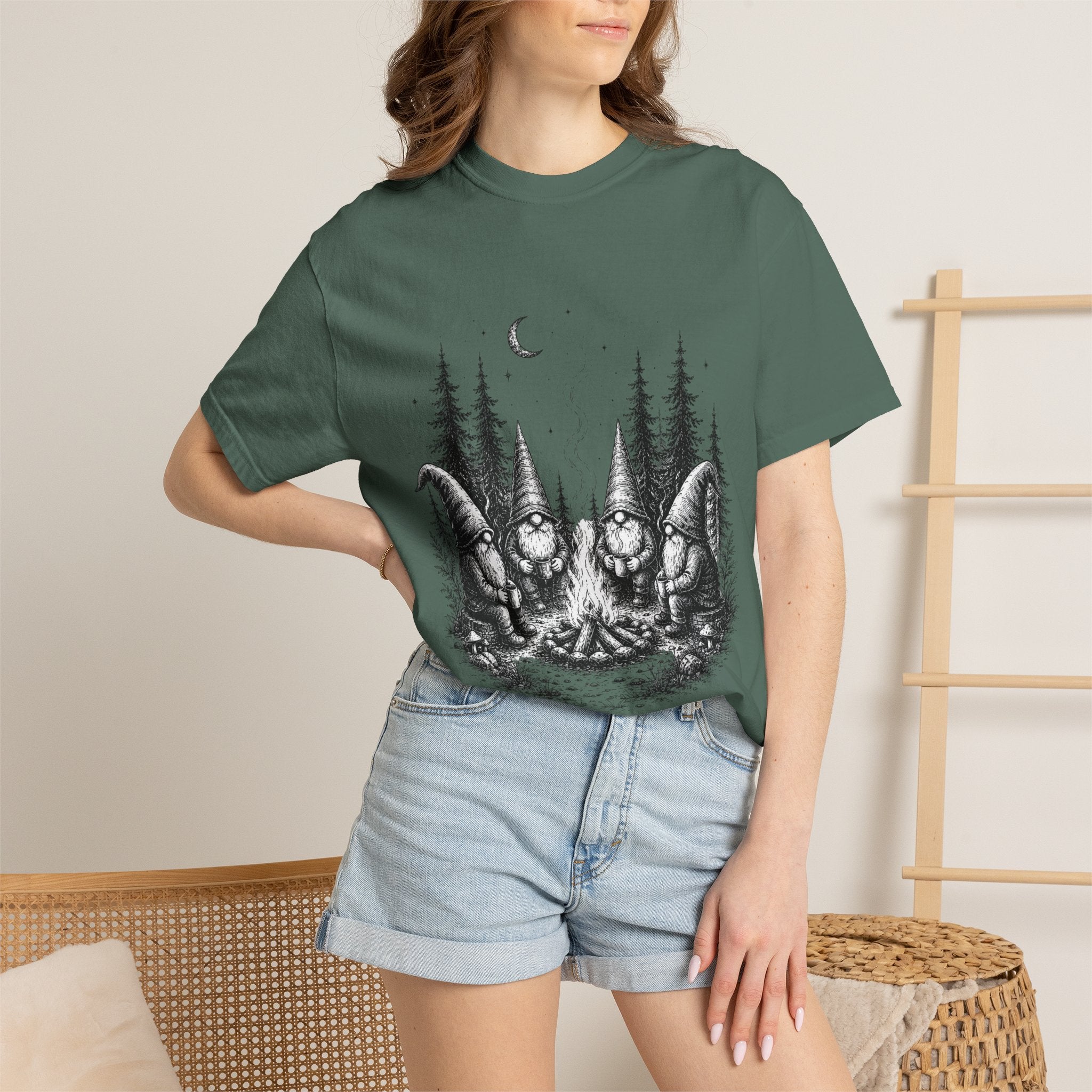 Gnome Campfire T-Shirt — Woodland Gnomes Sitting Around Bonfire Night Tee
