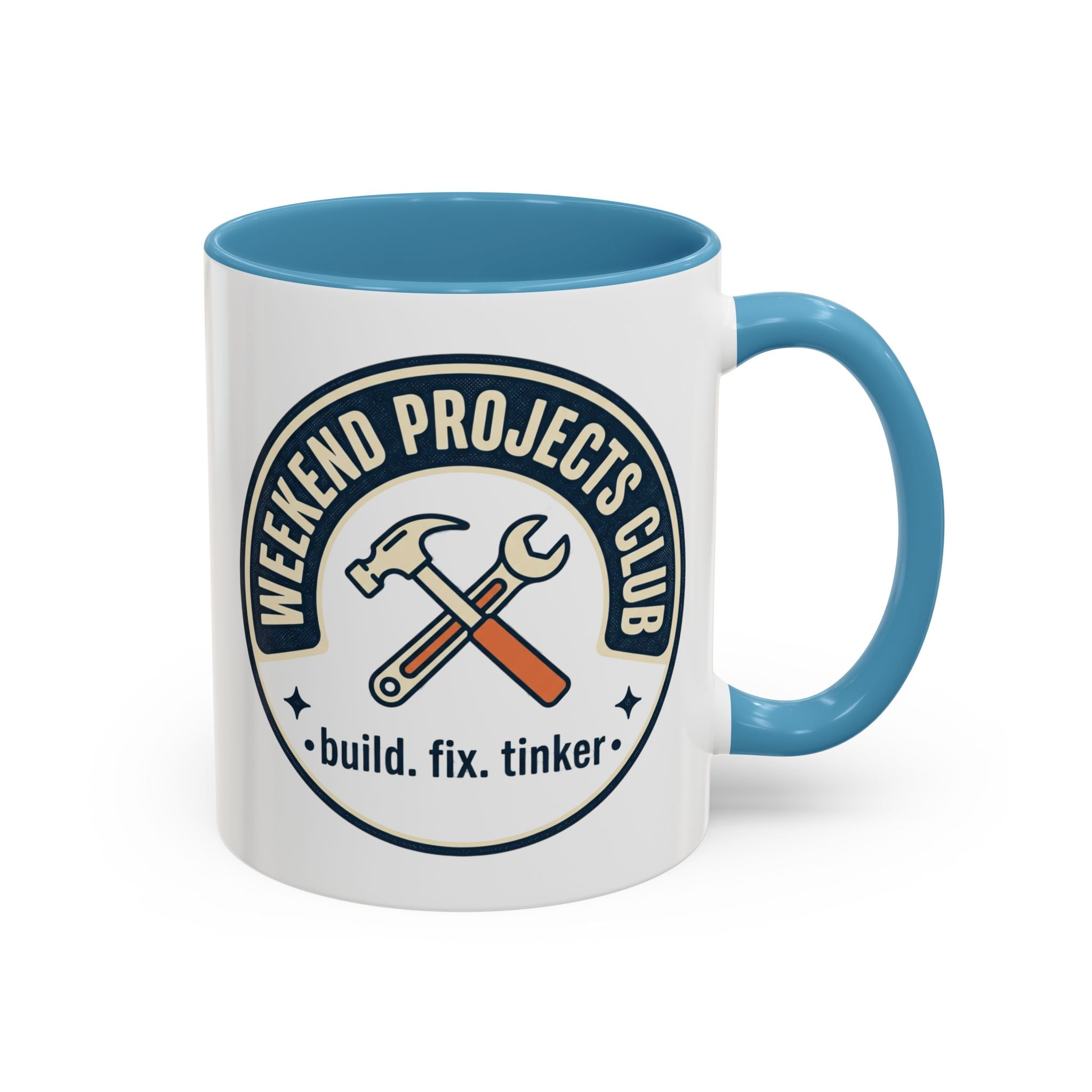 Weekend Projects Club Coffee Mug — "build. fix. tinker." Accent Ceramic Mug (11/15oz)