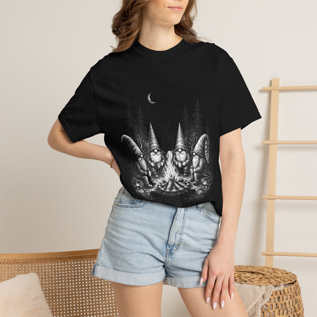 Gnome Campfire T-Shirt — Woodland Gnomes Sitting Around Bonfire Night Tee