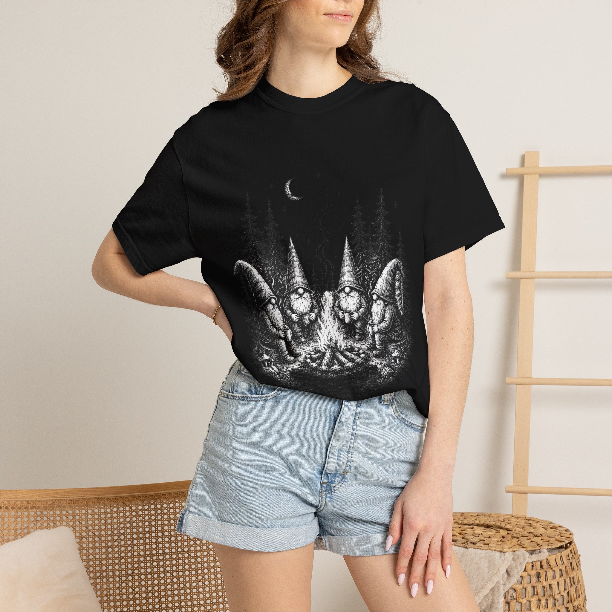 Gnome Campfire T-Shirt — Woodland Gnomes Sitting Around Bonfire Night Tee
