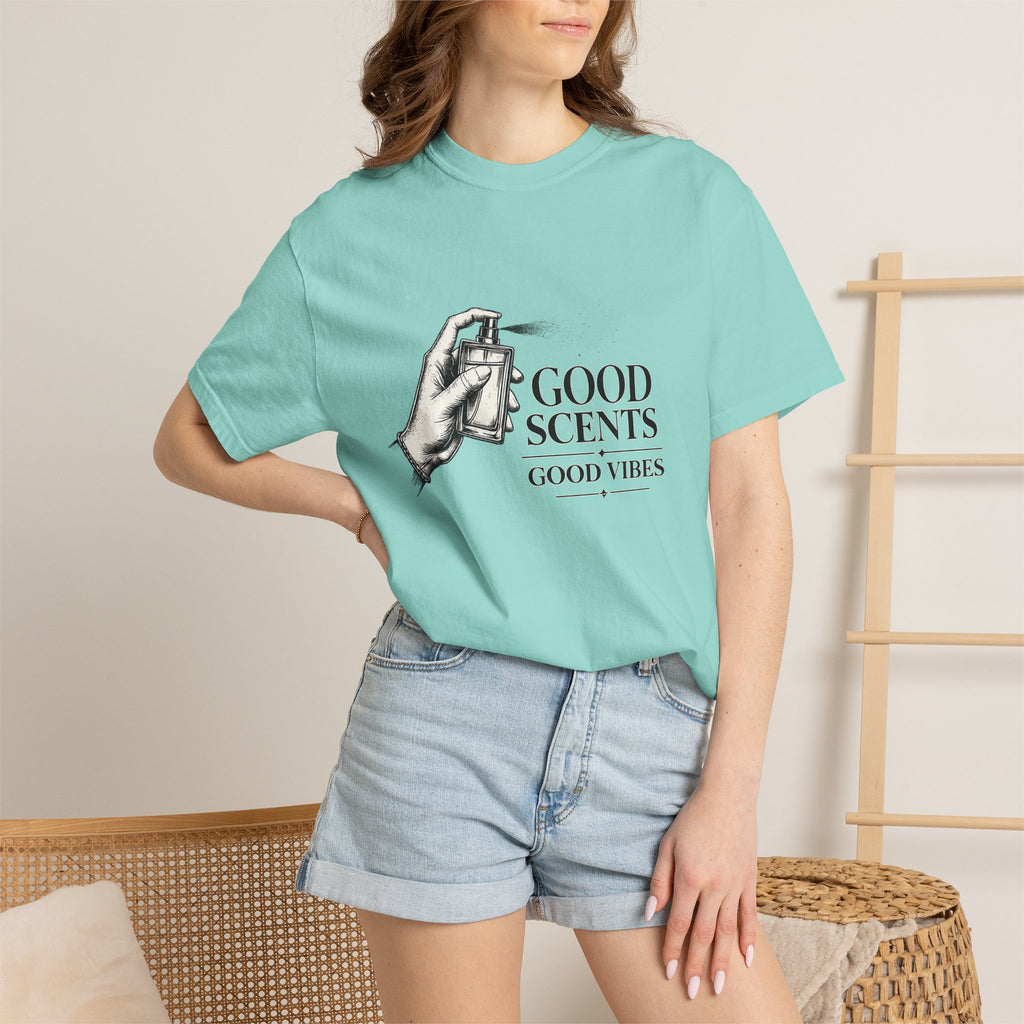 T-Shirt — "Good Scents, Good Vibes" Vintage Perfume Spray Graphic Tee