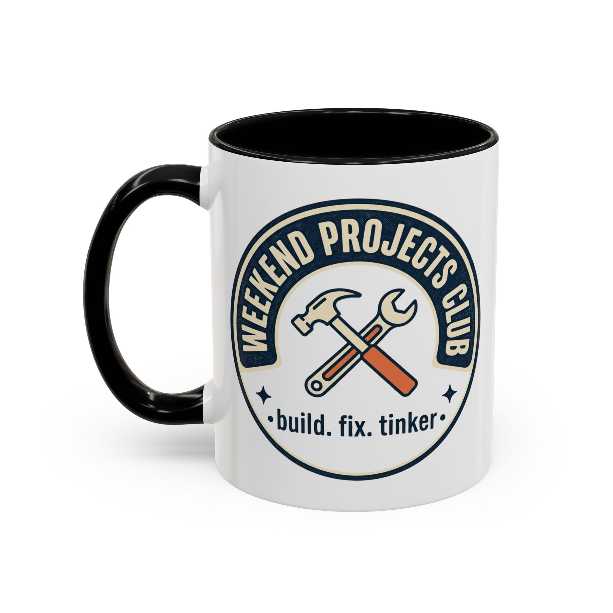 Weekend Projects Club Coffee Mug — "build. fix. tinker." Accent Ceramic Mug (11/15oz)