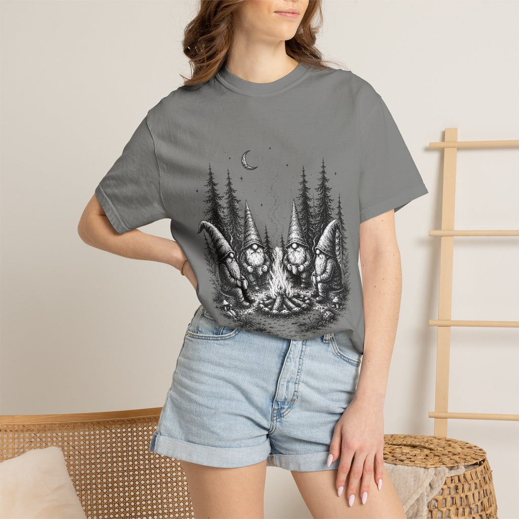 Gnome Campfire T-Shirt — Woodland Gnomes Sitting Around Bonfire Night Tee