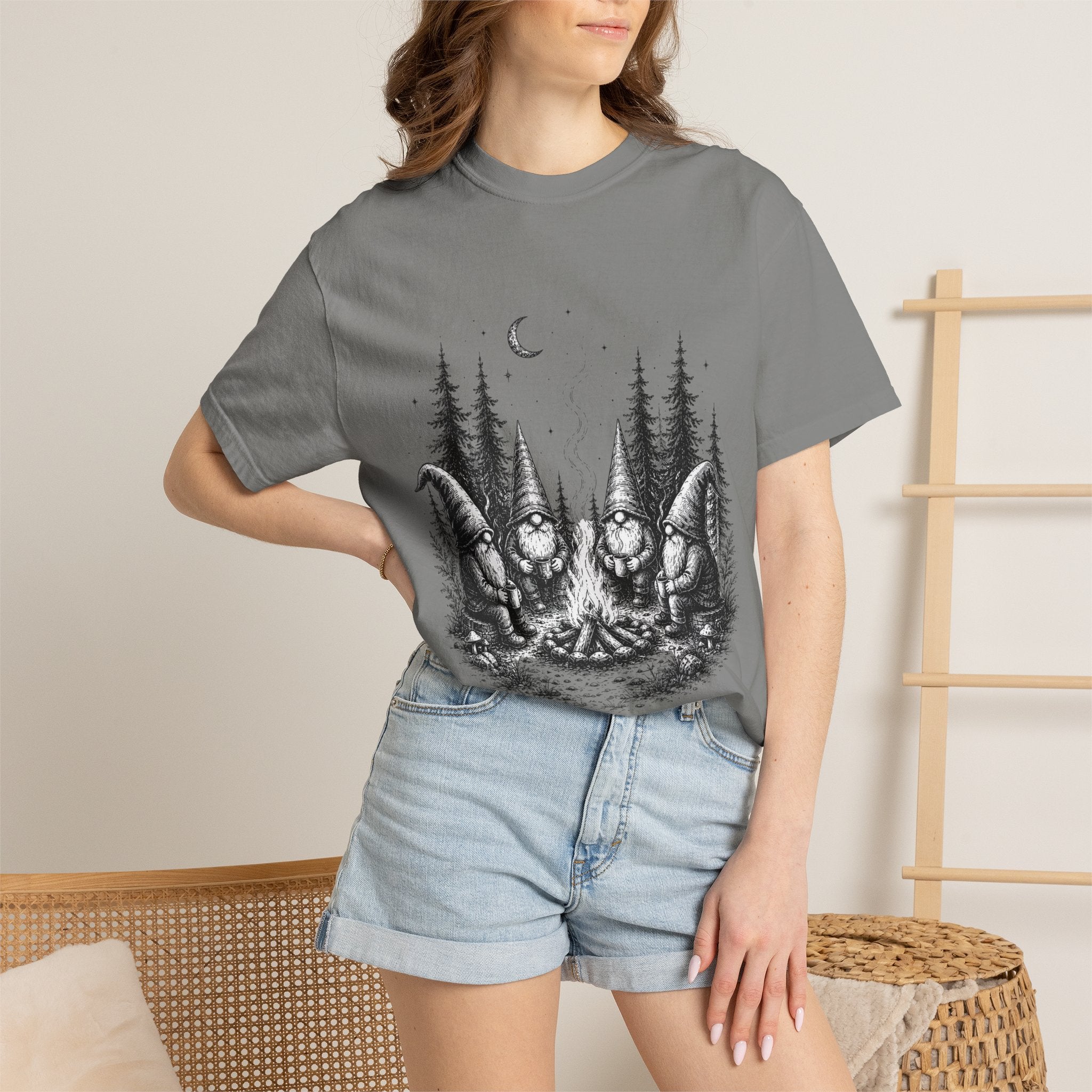 Gnome Campfire T-Shirt — Woodland Gnomes Sitting Around Bonfire Night Tee