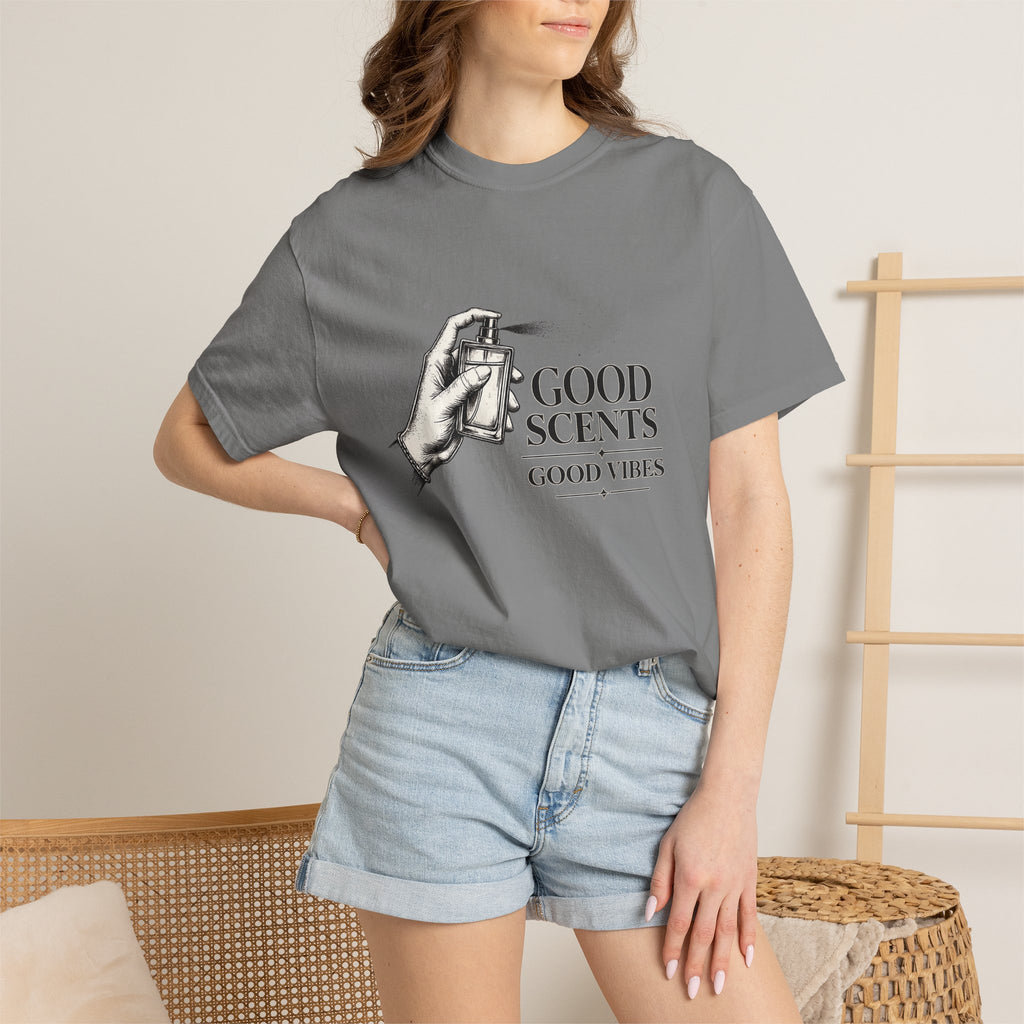 T-Shirt — "Good Scents, Good Vibes" Vintage Perfume Spray Graphic Tee