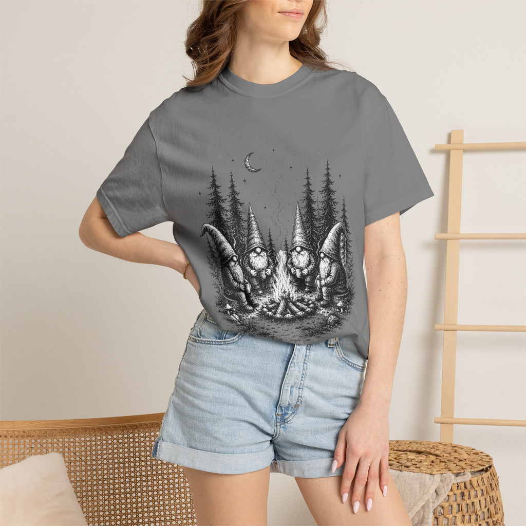 Gnome Campfire T-Shirt — Woodland Gnomes Sitting Around Bonfire Night Tee
