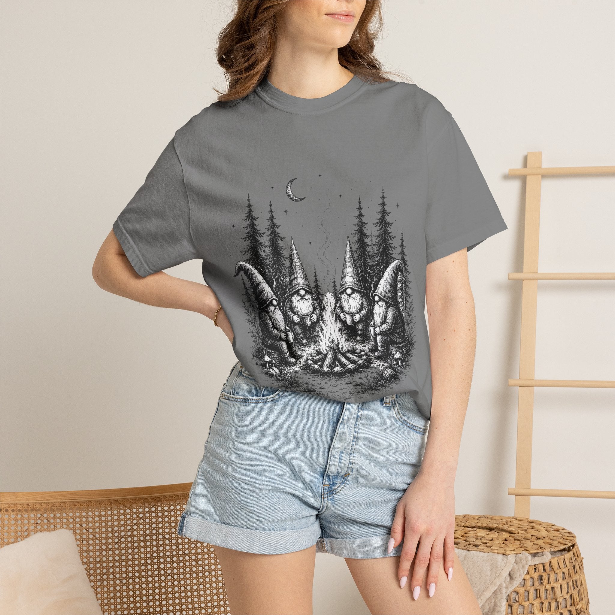 Gnome Campfire T-Shirt — Woodland Gnomes Sitting Around Bonfire Night Tee