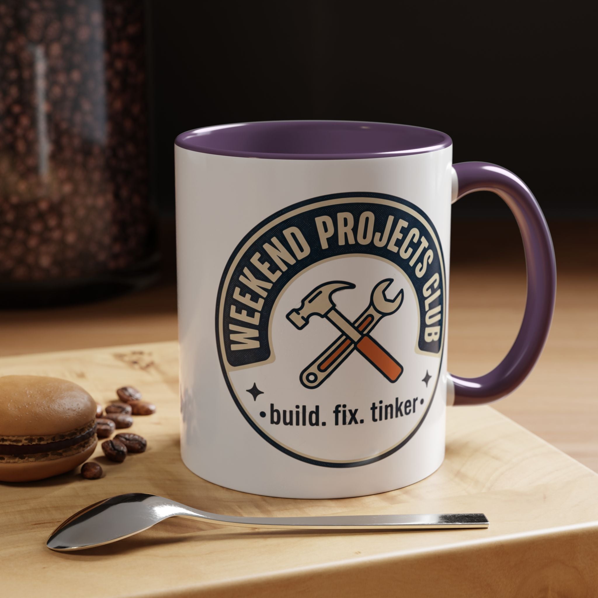 Weekend Projects Club Coffee Mug — "build. fix. tinker." Accent Ceramic Mug (11/15oz)
