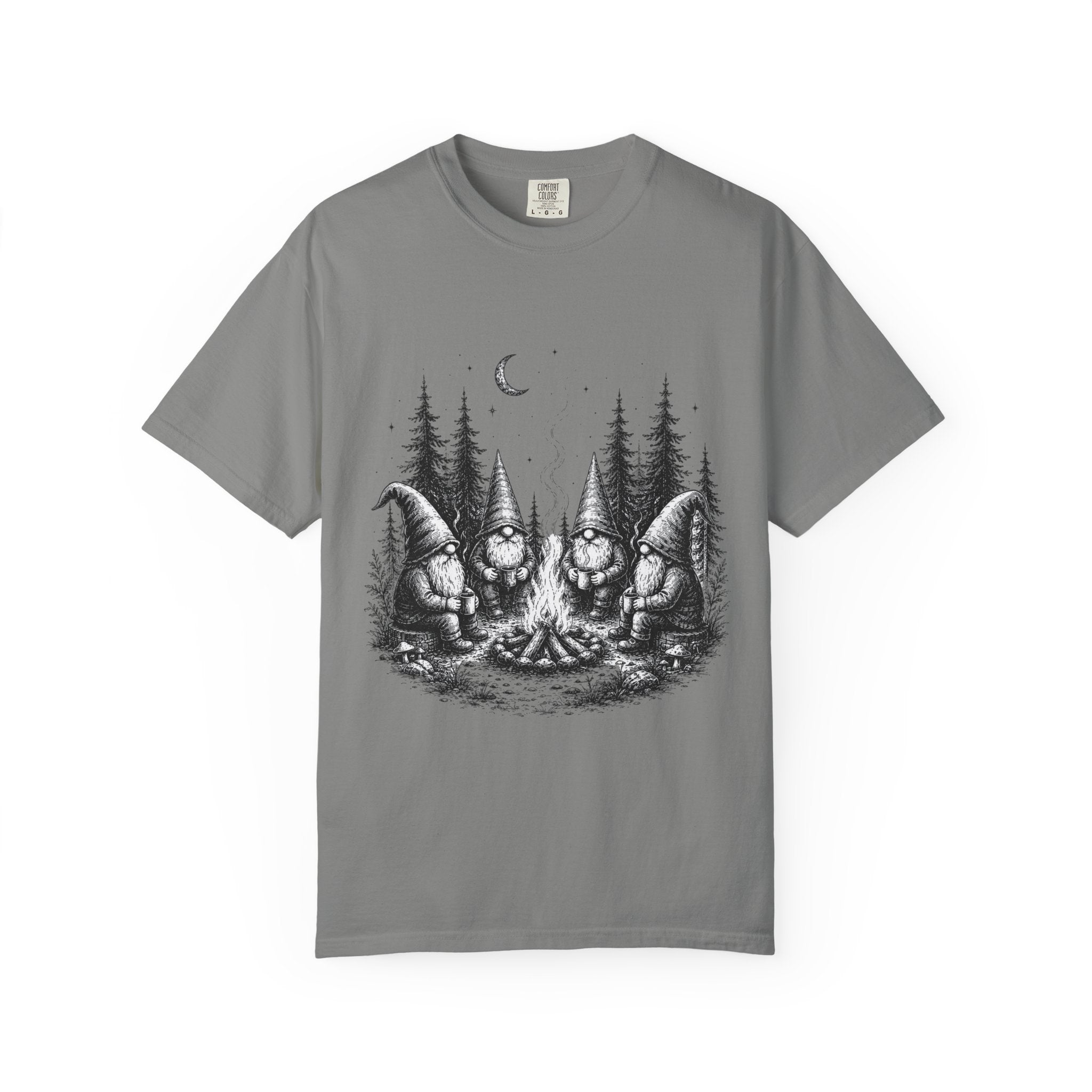Gnome Campfire T-Shirt — Woodland Gnomes Sitting Around Bonfire Night Tee