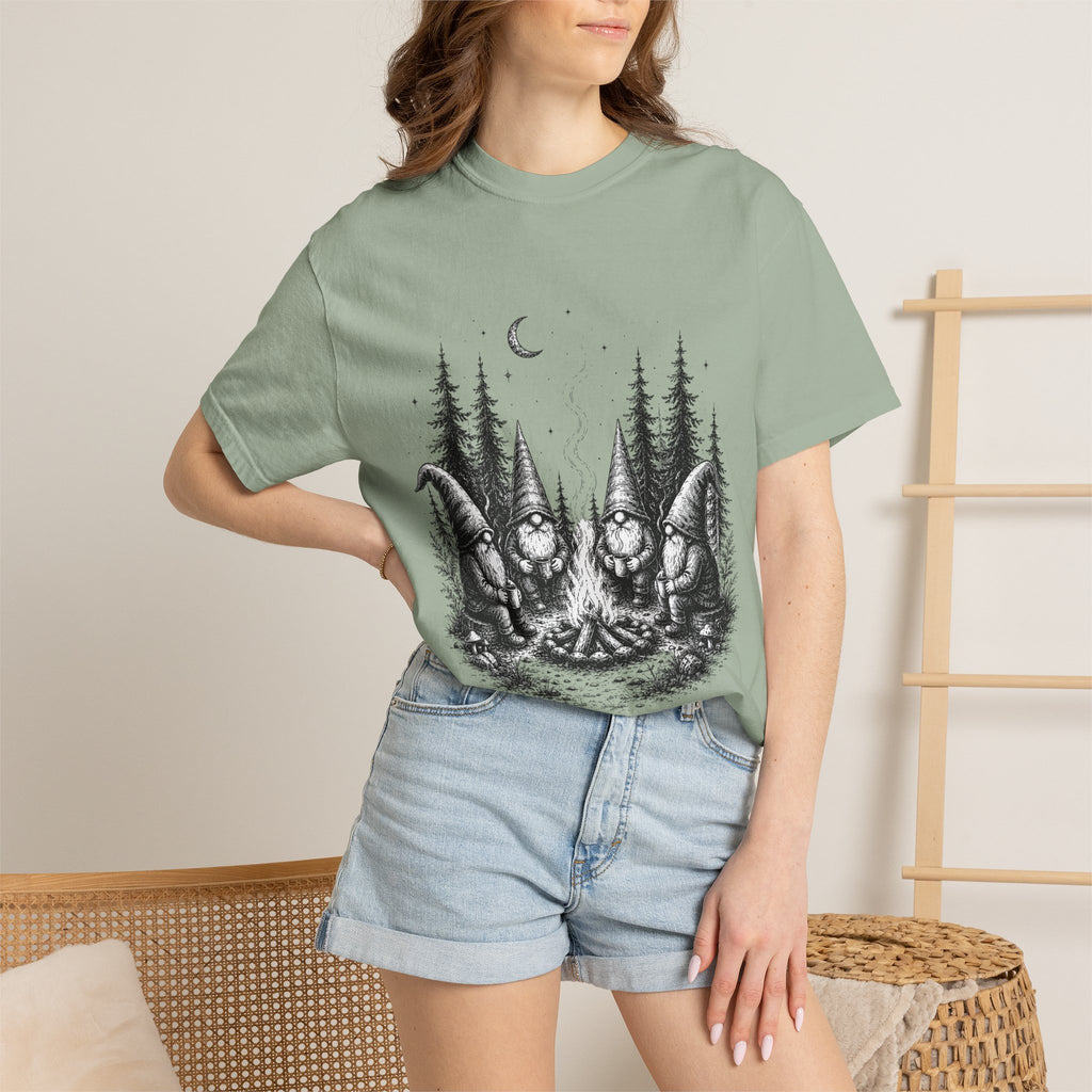Gnome Campfire T-Shirt — Woodland Gnomes Sitting Around Bonfire Night Tee