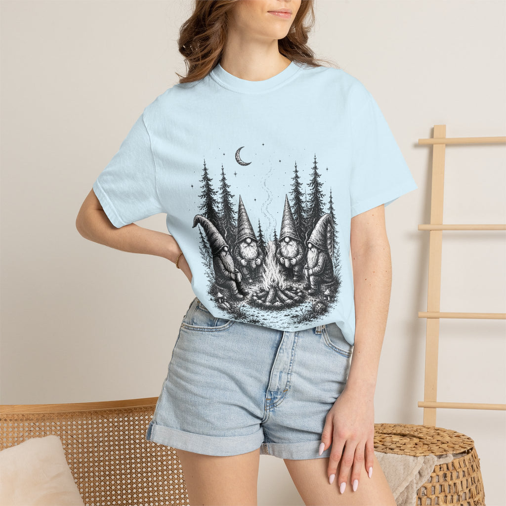 Gnome Campfire T-Shirt — Woodland Gnomes Sitting Around Bonfire Night Tee