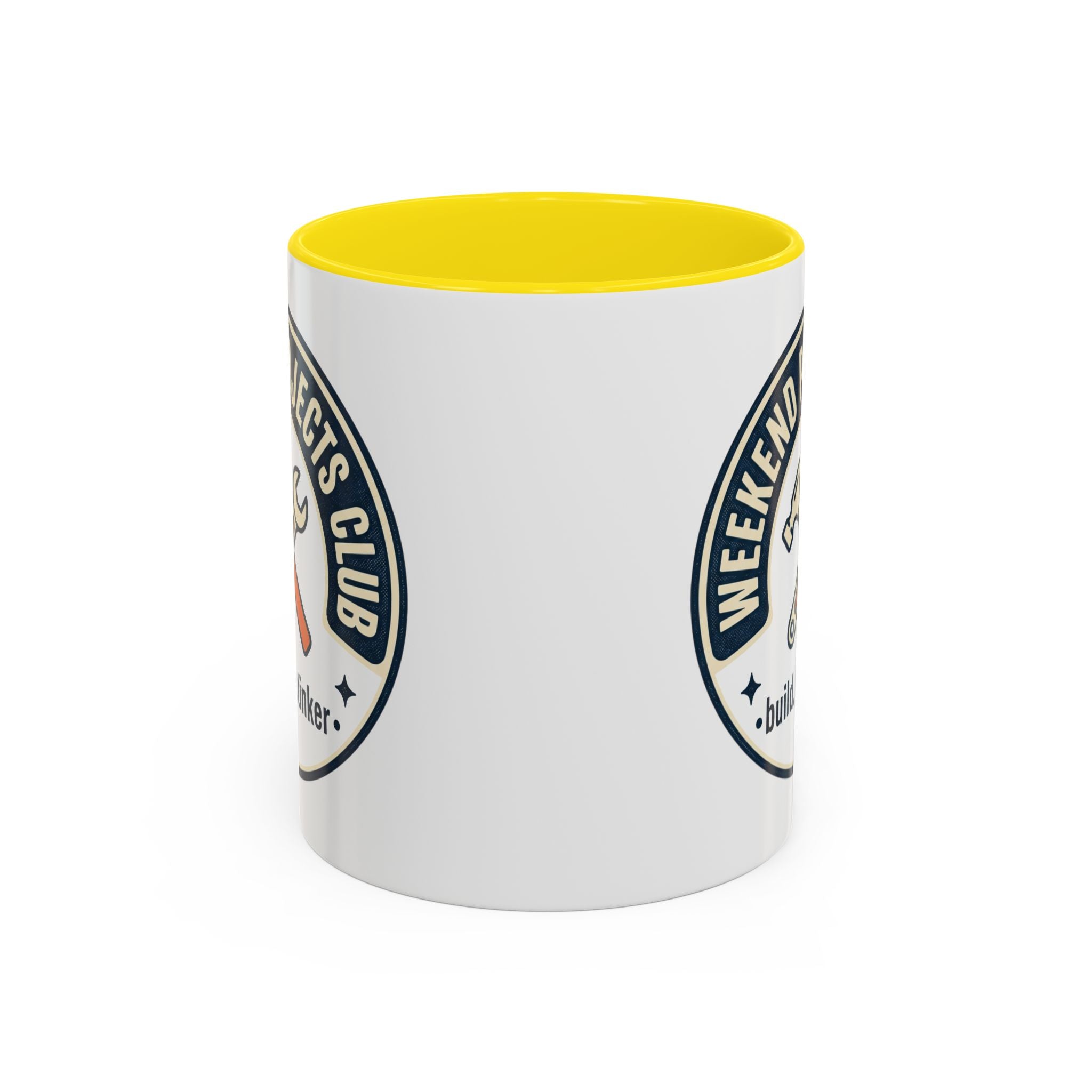Weekend Projects Club Coffee Mug — "build. fix. tinker." Accent Ceramic Mug (11/15oz)