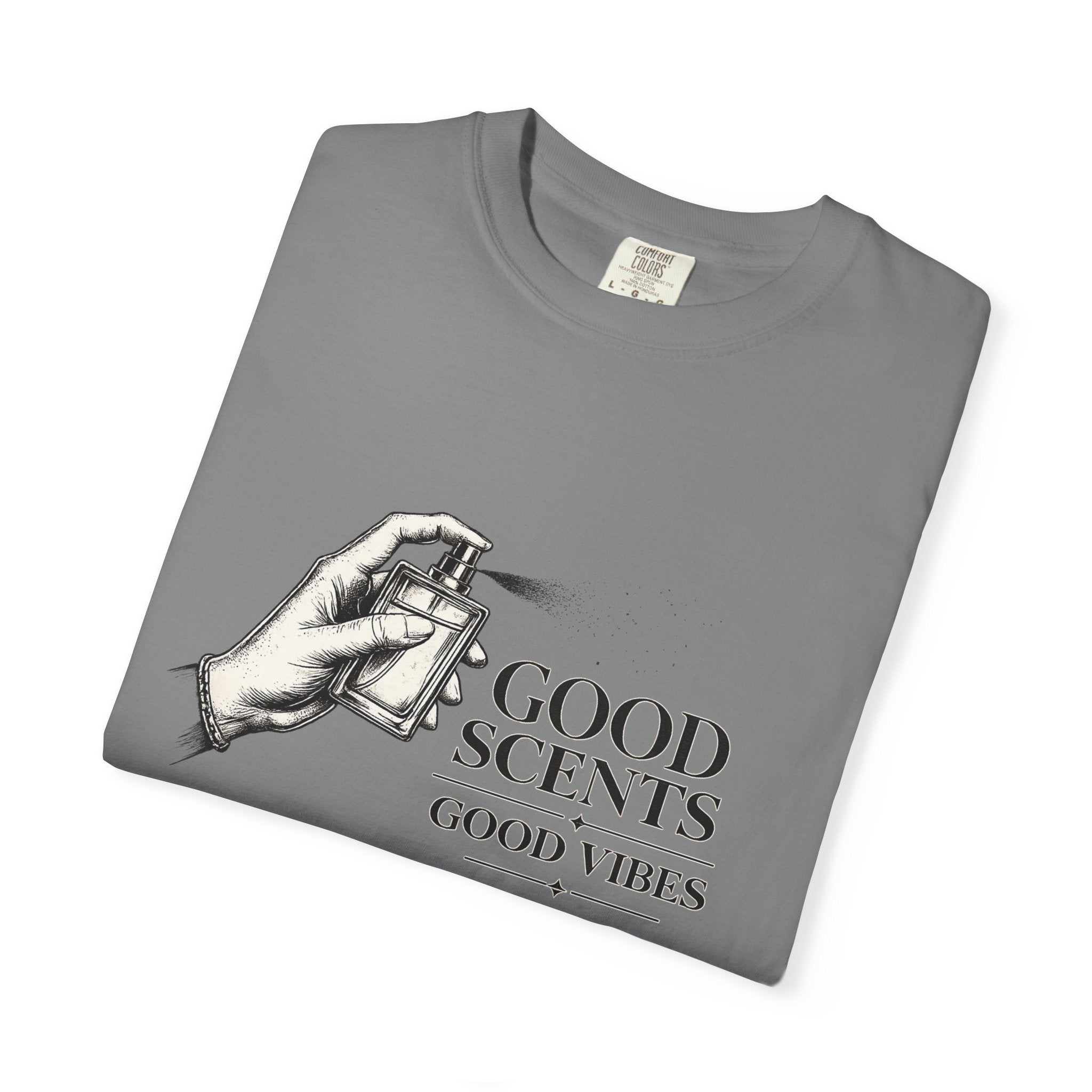 T-Shirt — "Good Scents, Good Vibes" Vintage Perfume Spray Graphic Tee
