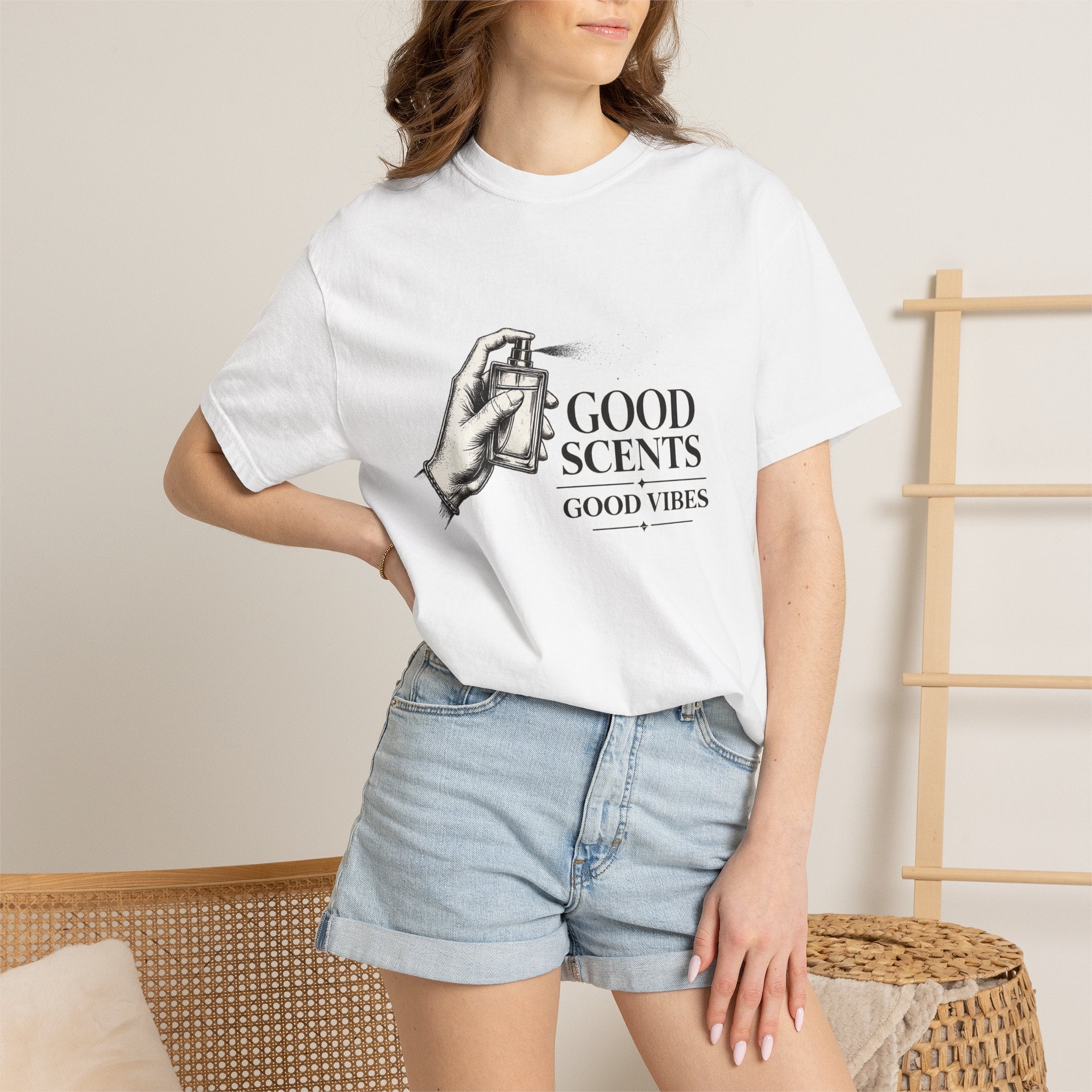 T-Shirt — "Good Scents, Good Vibes" Vintage Perfume Spray Graphic Tee