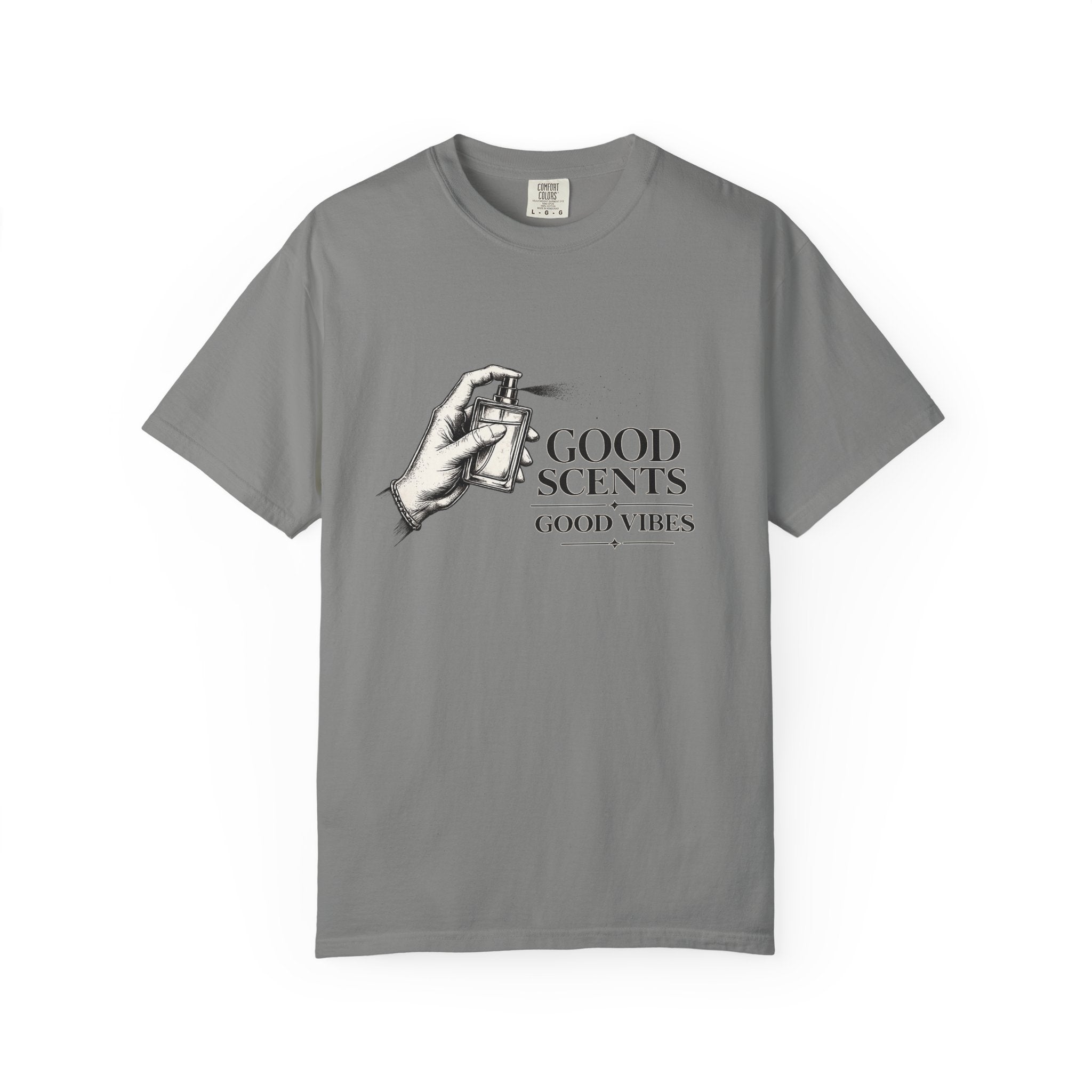T-Shirt — "Good Scents, Good Vibes" Vintage Perfume Spray Graphic Tee