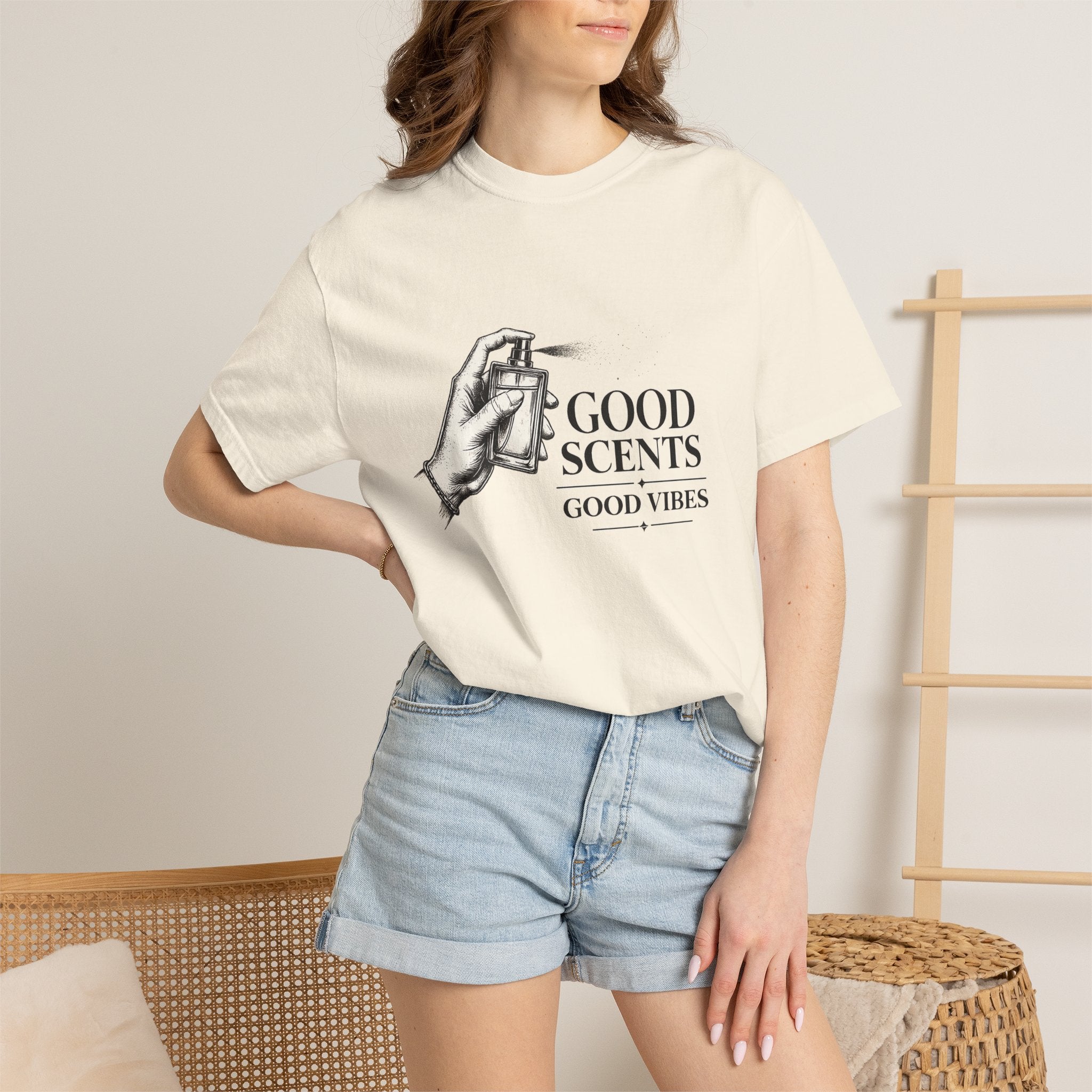 T-Shirt — "Good Scents, Good Vibes" Vintage Perfume Spray Graphic Tee