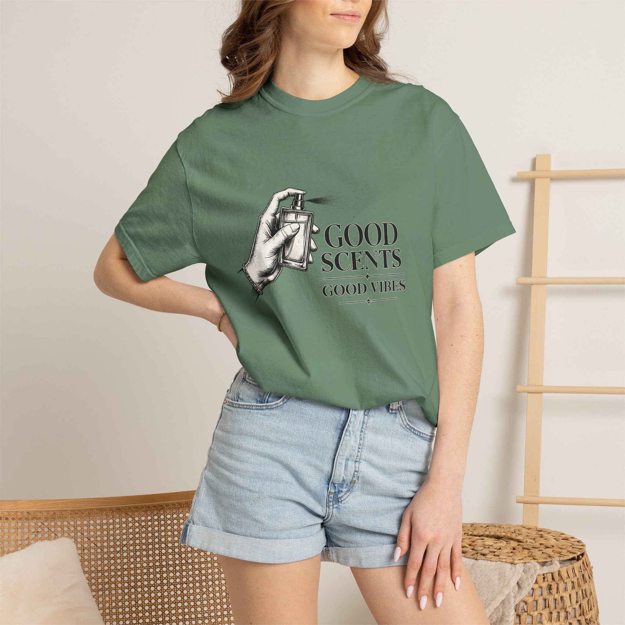 T-Shirt — "Good Scents, Good Vibes" Vintage Perfume Spray Graphic Tee