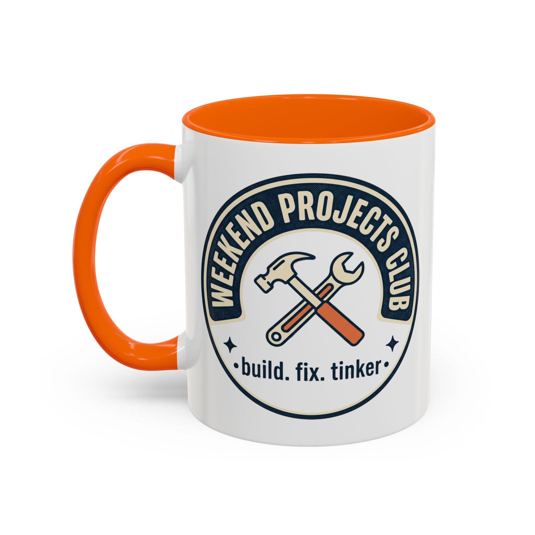 Weekend Projects Club Coffee Mug — "build. fix. tinker." Accent Ceramic Mug (11/15oz)
