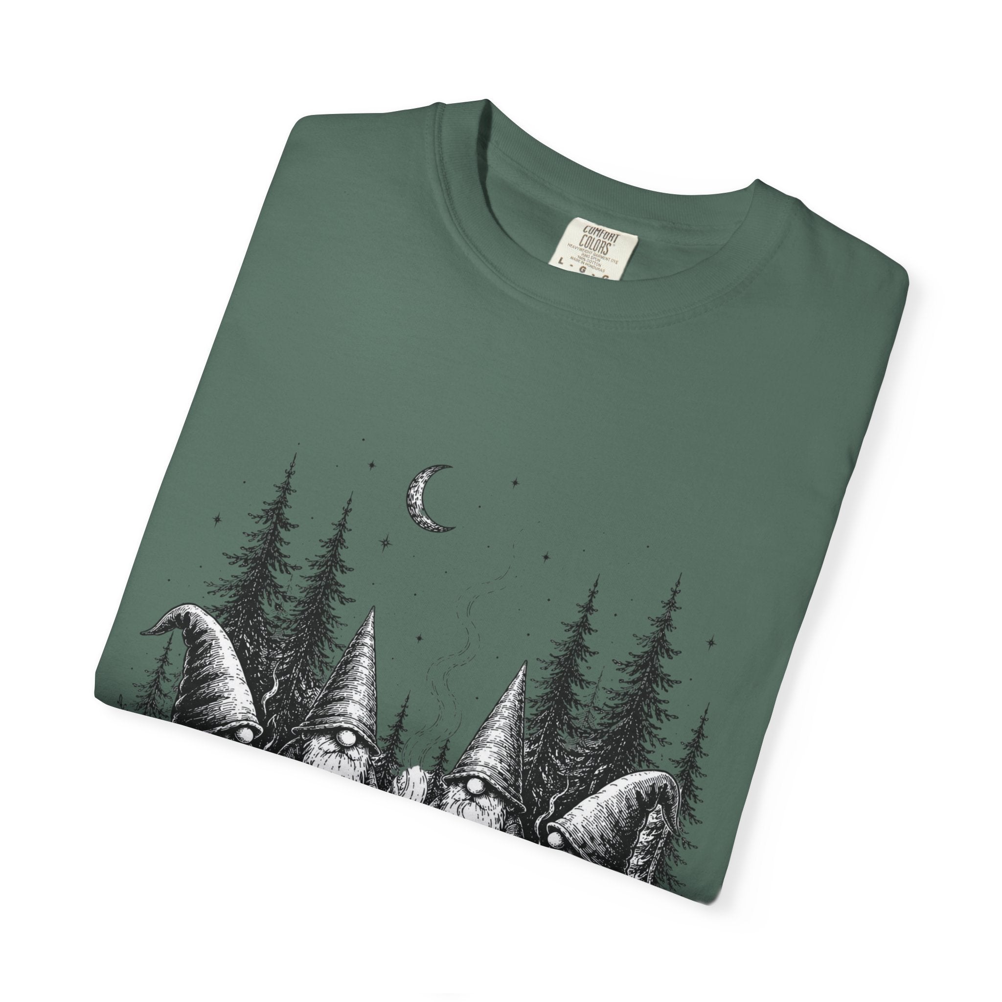Gnome Campfire T-Shirt — Woodland Gnomes Sitting Around Bonfire Night Tee