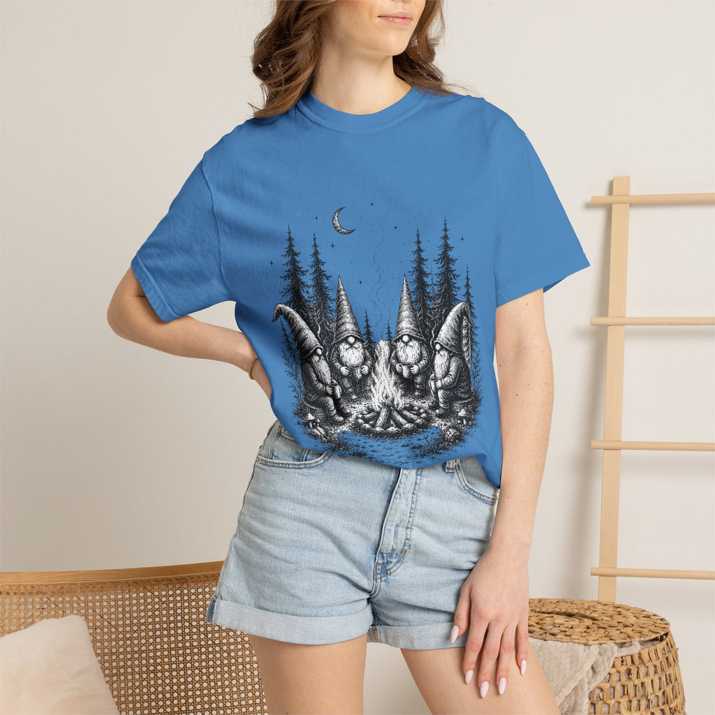 Gnome Campfire T-Shirt — Woodland Gnomes Sitting Around Bonfire Night Tee