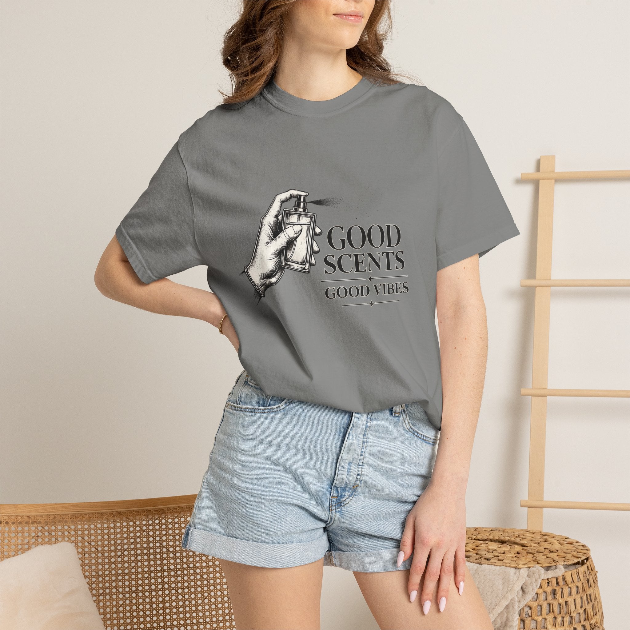T-Shirt — "Good Scents, Good Vibes" Vintage Perfume Spray Graphic Tee
